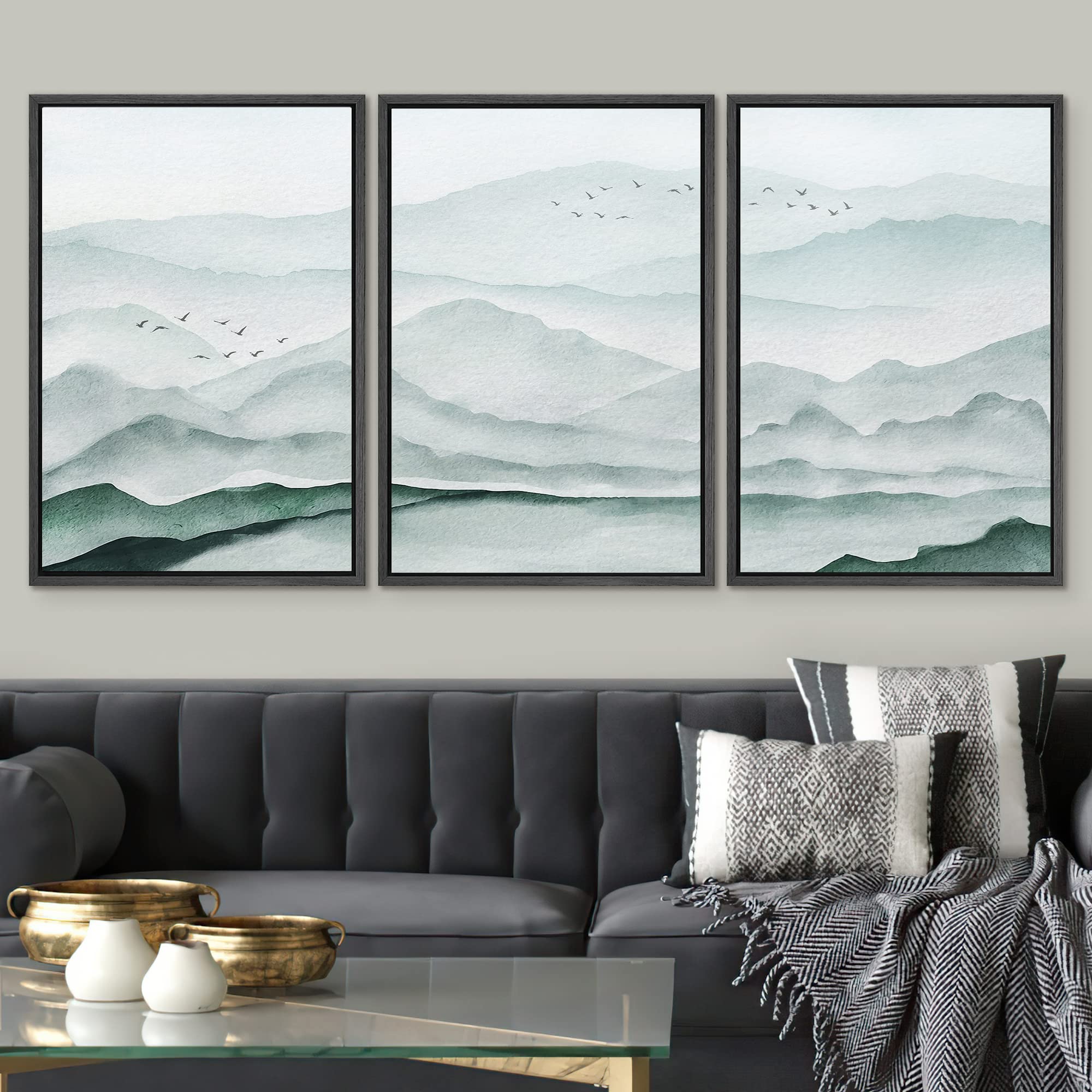 Signwin Framed Canvas Print Wall Art Set Teal Misty Mountain Range Bird Sky Nature Wilderness Illustrations Modern Art Decorativ