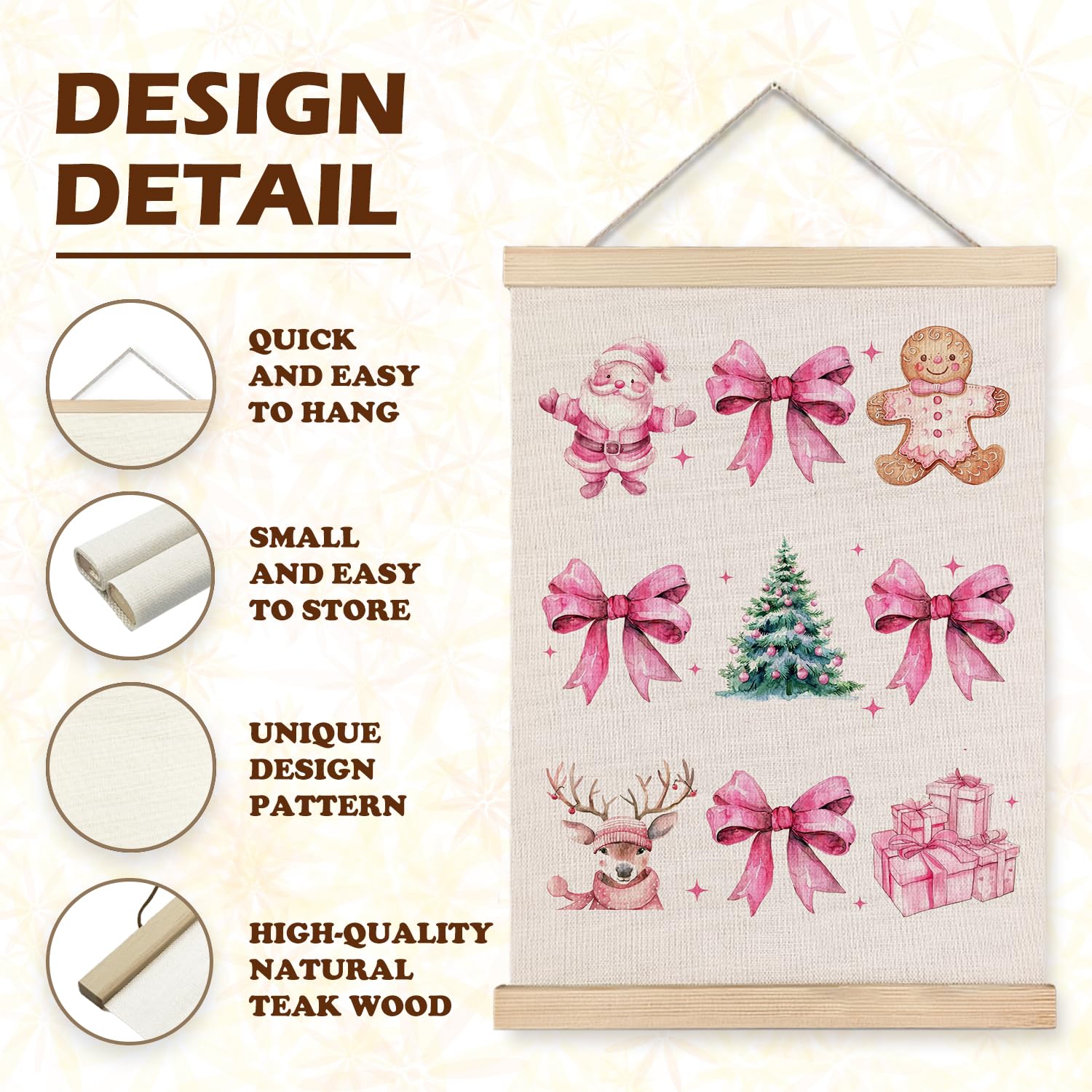 Pink Christmas Wall Decor, Coquette Christmas Pink Bow Gingerbread Wall Art With Wooden Poster Hanger, Christmas Wall Decoration