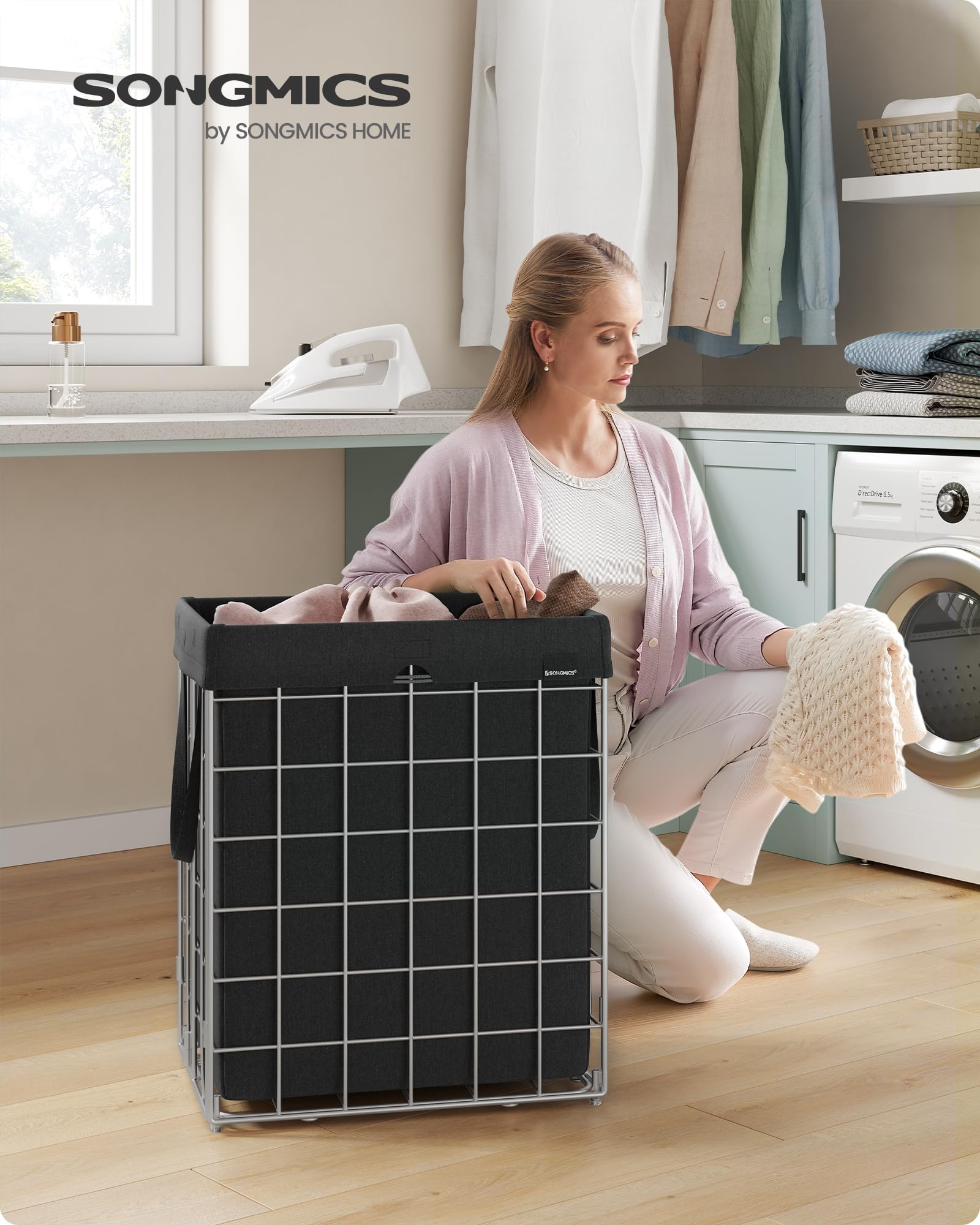 Songmics Laundry Hamper, 23.8 Gal. (90L) Laundry Basket, Collapsible Clothes Hamper, Removable And Washable Liner, Metal Wire Fr