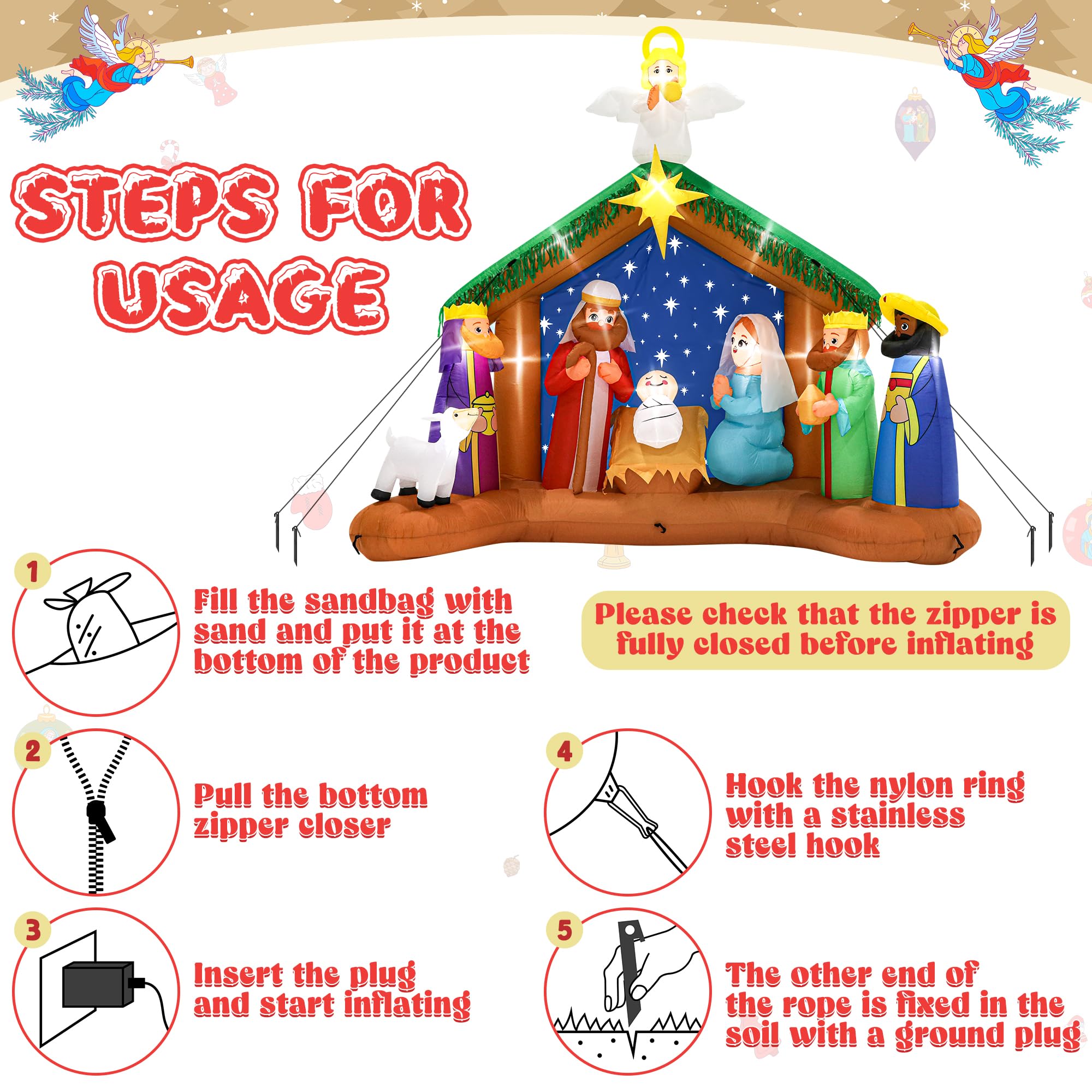 Melisheer 10FT Christmas Inflatable Nativity Scene, LED Lighted Polyester Decor for Outdoor Xmas Yard, Model Mel+blowXmas-25-5, Colorful