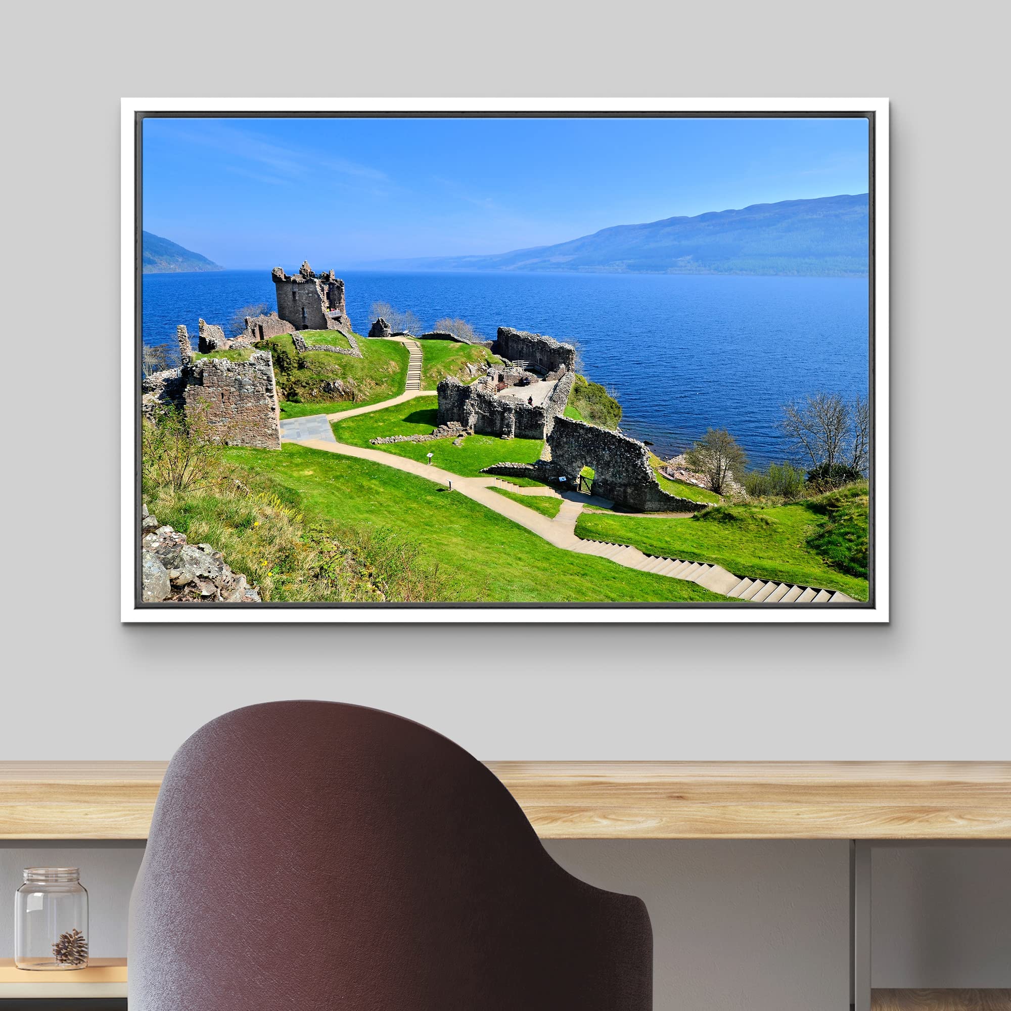 Beautiful Scenery Landscape Of Ruins Of Urquhart Castle Along Loch Ness Scotland - Framed Canvas Art Wall Art - 16''X24'' White