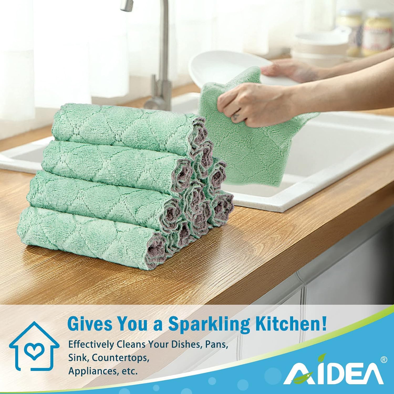 Aidea Kitchen Towels, 12 Pack Absorbent Coral Fleece Dish Towels, No Odor Reusable Dish Cloths, Microfiber Cleaning Cloths, Fast