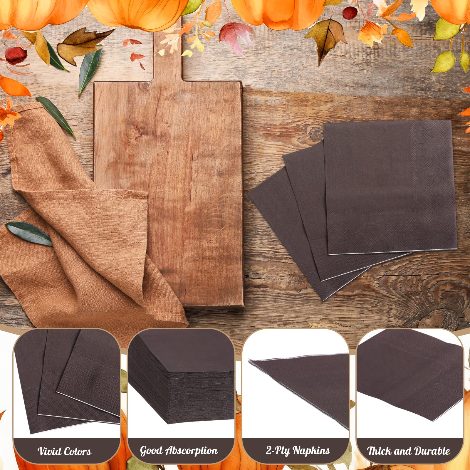 Teling 100 Pcs Fall Paper Napkins Disposable Coffee Color Napkins for Autumn Holidays Wedding Home Luncheon Reception Tea Party