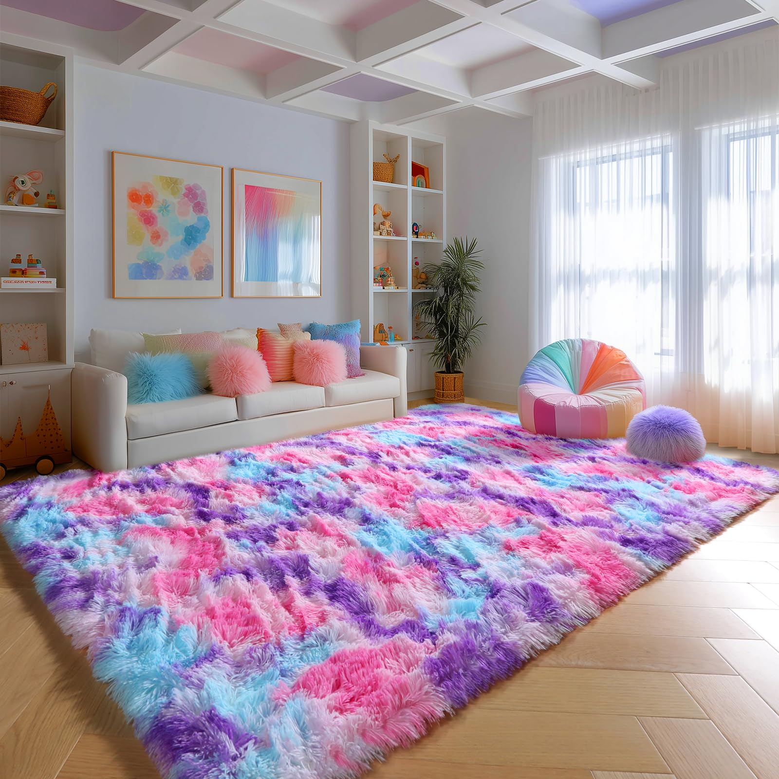 PAGISOFE Rainbow Purple Rugs for Girls Bedoom 5x8 Ft, Fluffy Cute Colorful Pastel Girls Rug, Plush Kawaii Rugs for Kids Room, Pl
