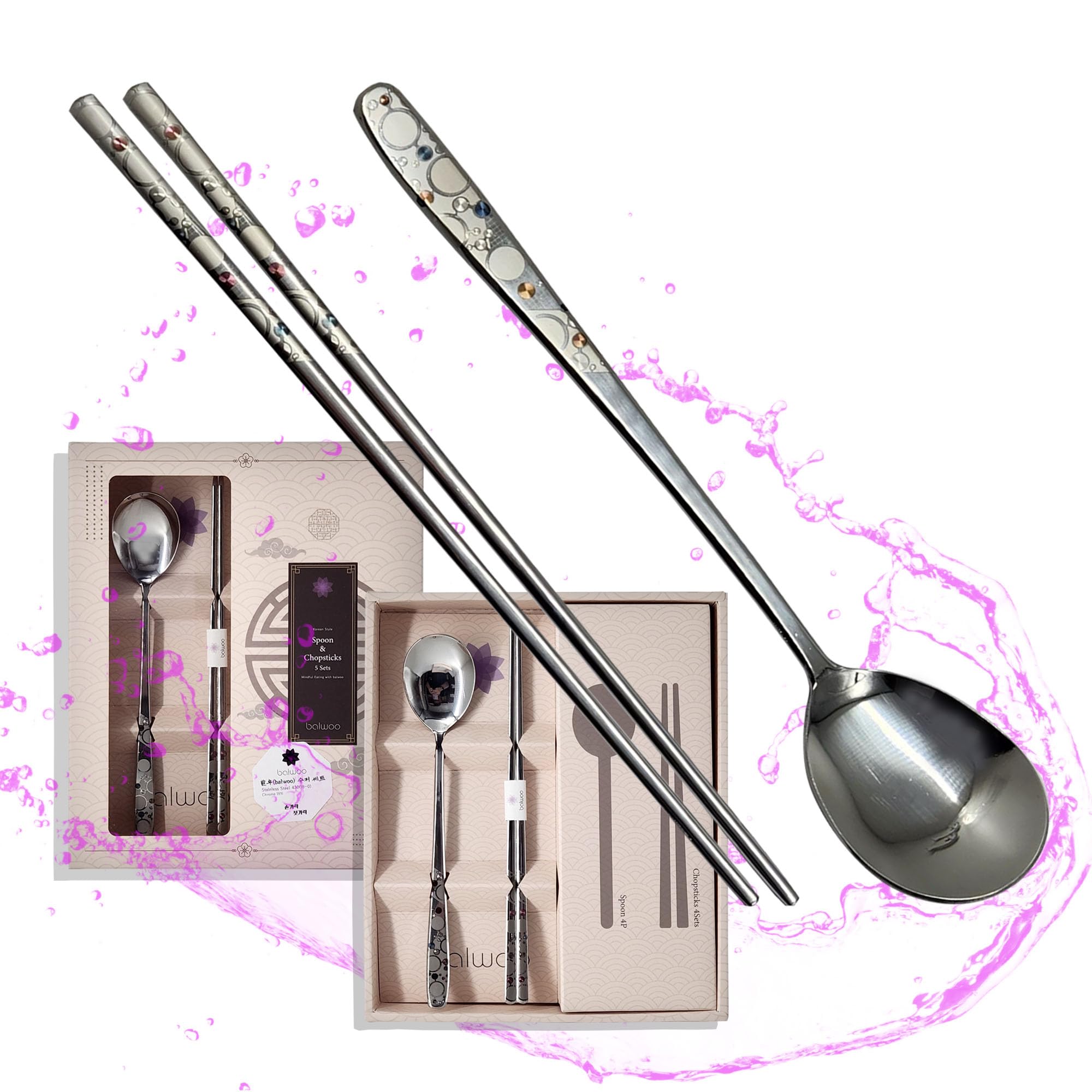 Balwoo [5 Sets][Made In Korea] Sticky Korean Style Rice Spoon Chopsticks Set 430 Stainless Steel Soup Spoon Ramen Noodle Chopsti