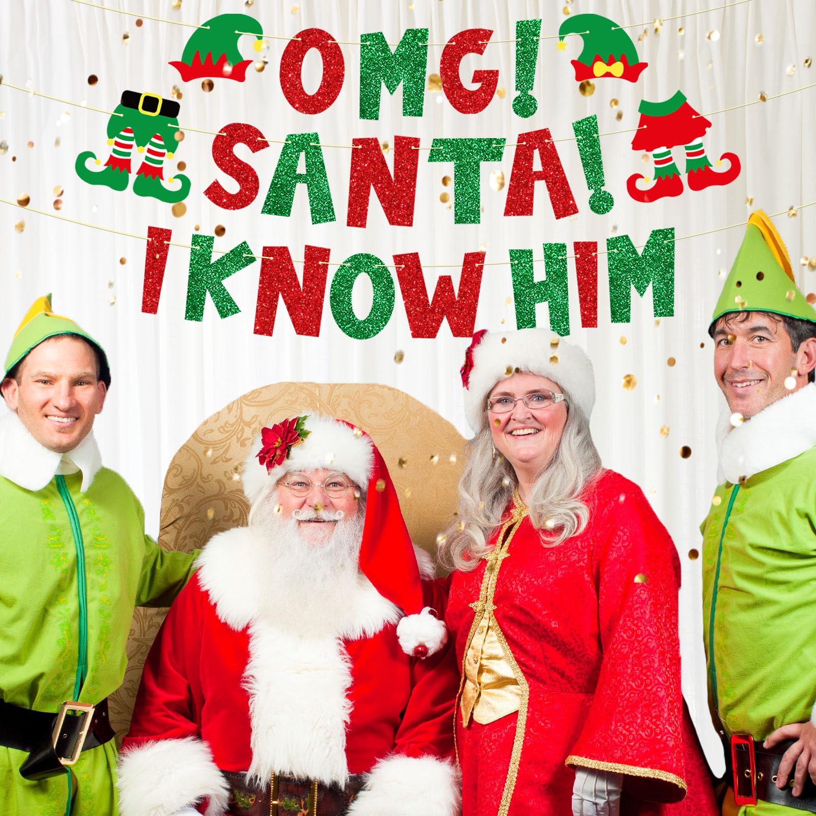 Ushinemi Pre-Strung Elf Christmas Party Decorations, No Diy Omg Santa I Know Him Banner, Red And Green Xmas Party Supplies
