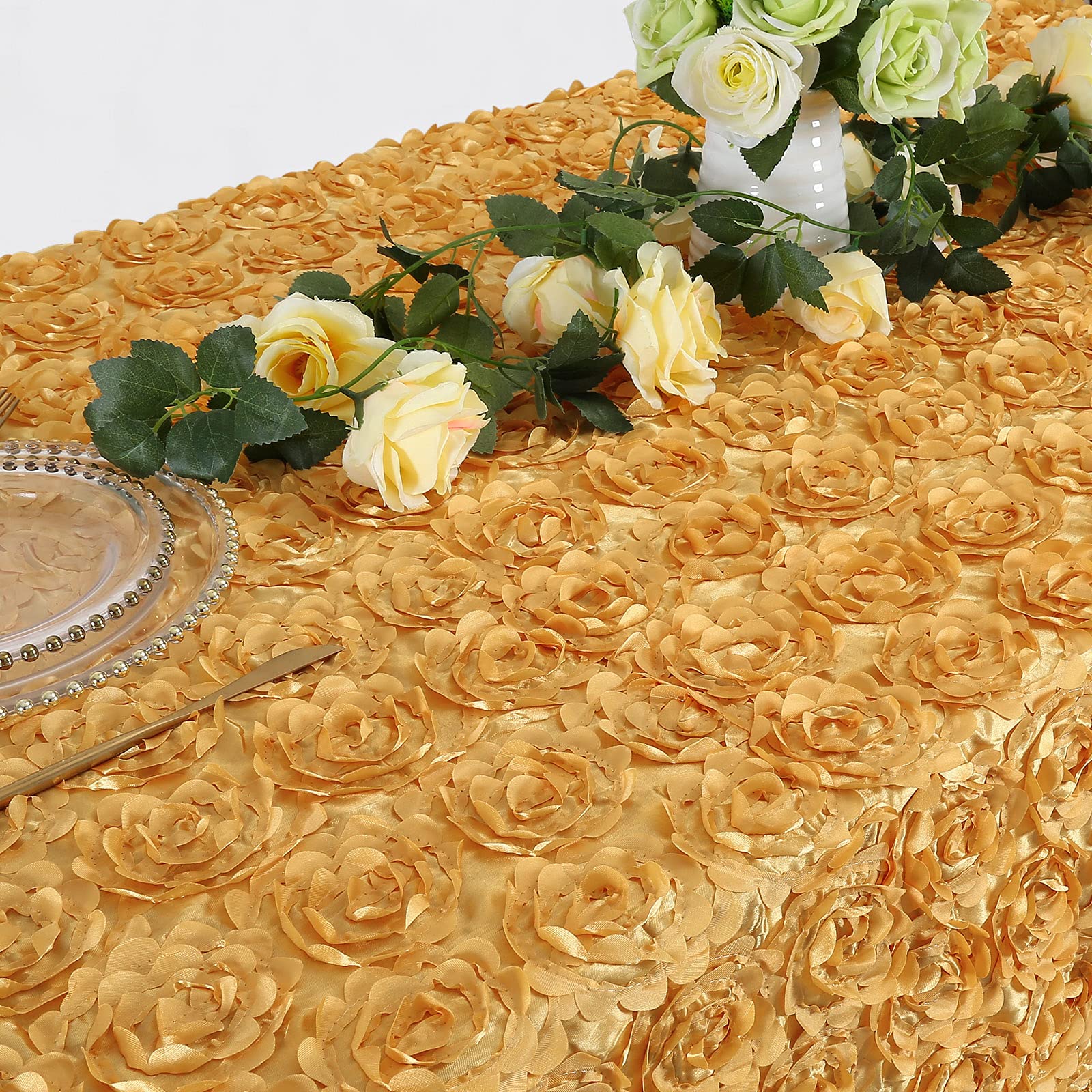 Fanqisi 3D Floral Satin Rectangular Tablecloth 90X132 Inches Gold Rosette Tablecloths For Wedding Party Baby Shower Dinner Table