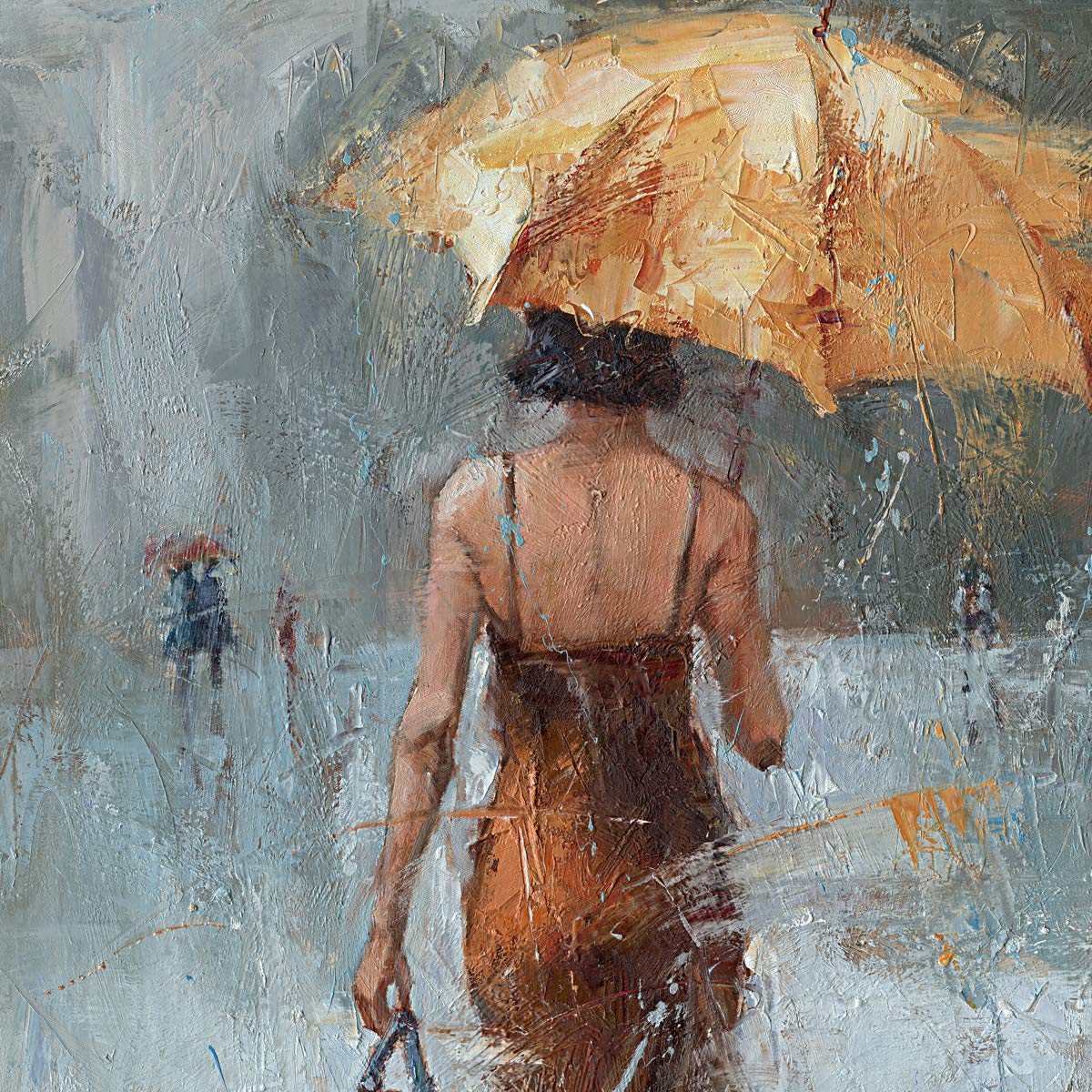 Canvas Wall Art Girl Umbrella With Khaki Dress Walking In Street Rain Modern Painting Abstract Artwork For Office Home Decor