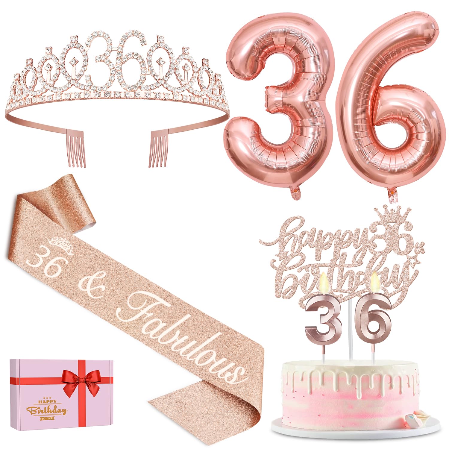 36Th Birthday Decorations For Women Including 36Th Birthday Sash, Tiara/Crown, Candles And Cake Topper, Number 36 Balloons, 36Th