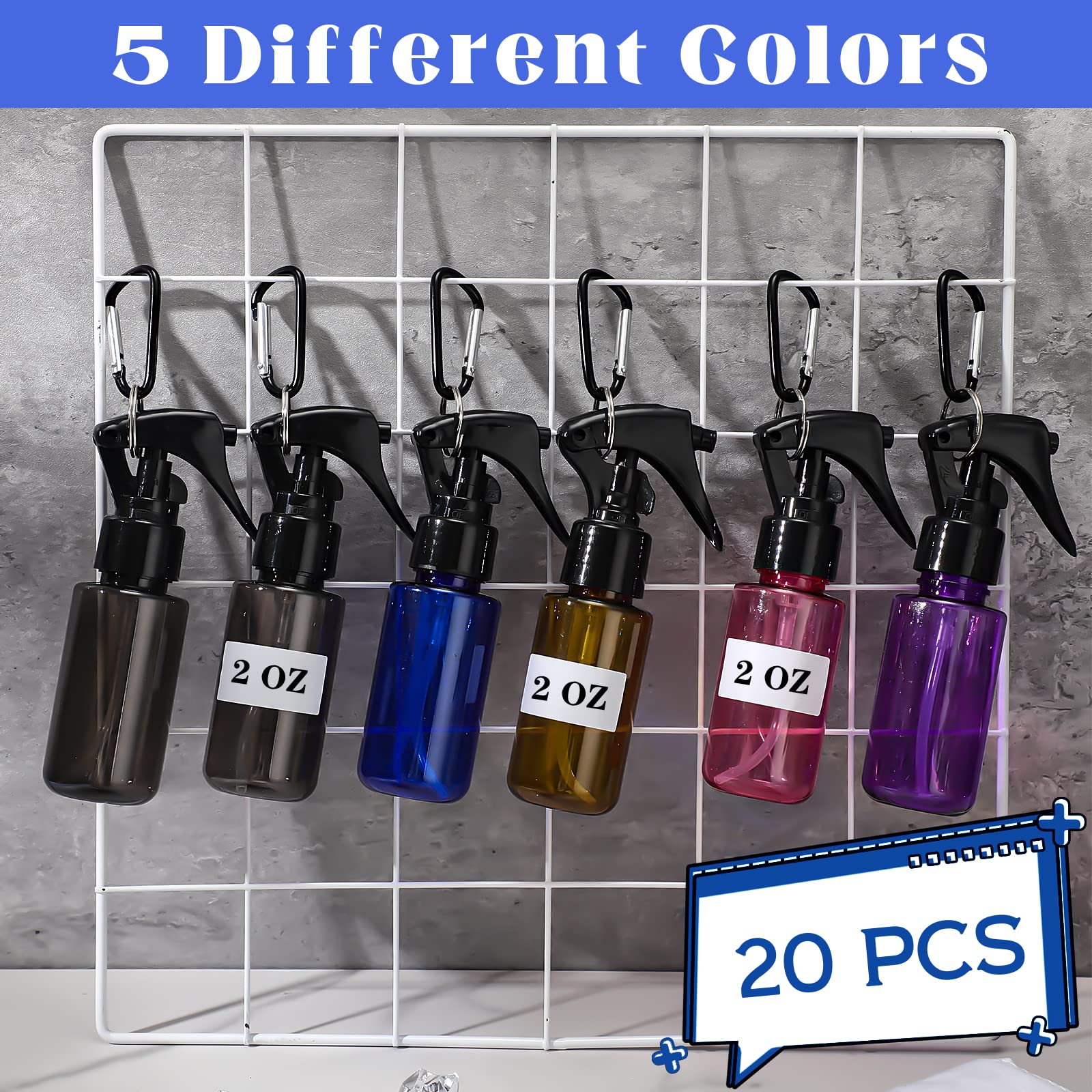 Roshtia 20 Pcs Small Spray Bottle With Keychain 2 Oz Plastic Mini Spray Bottles Refillable 60Ml Travel Size Spray Bottle With 1
