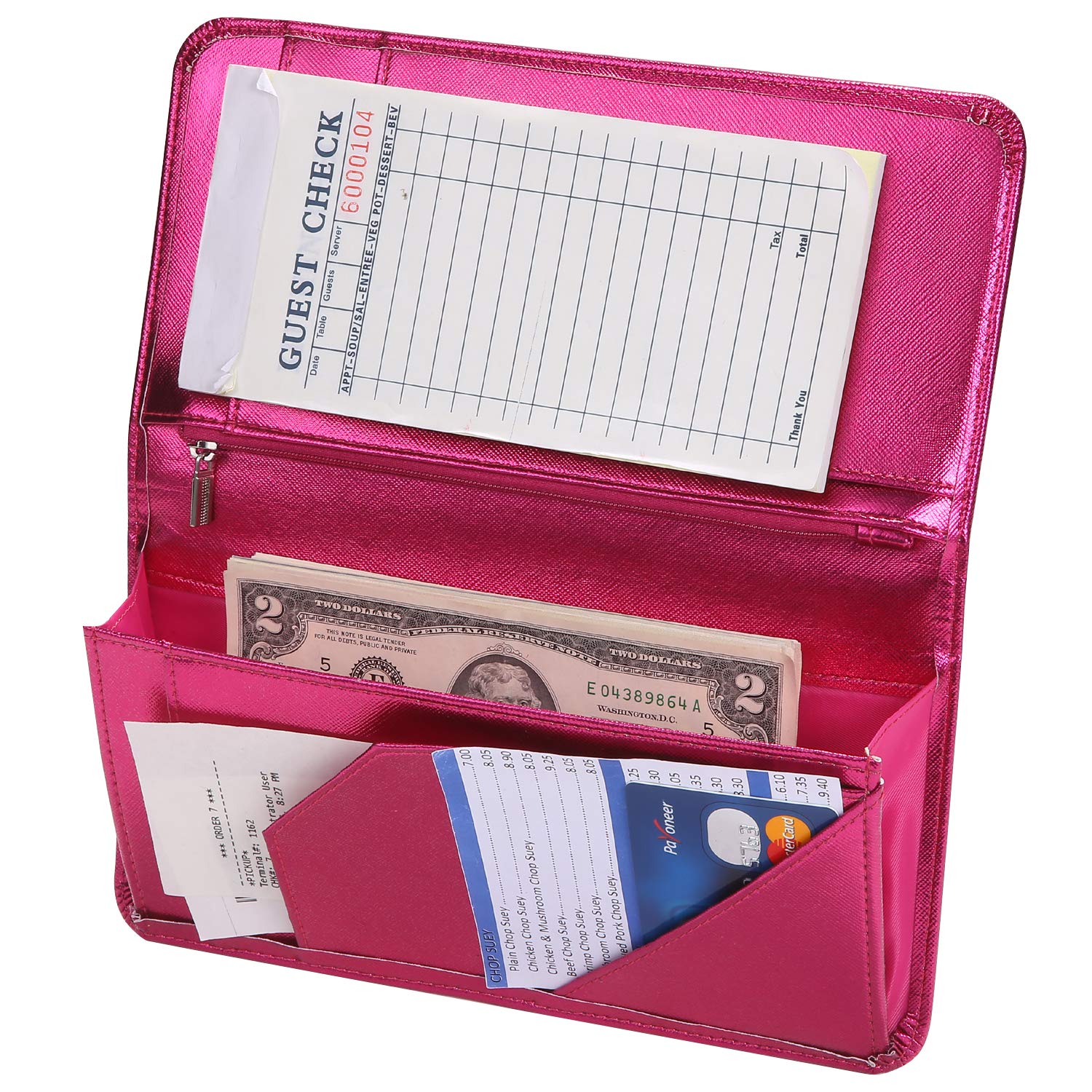 4.7 X 9 Hot Pink Server Book For Waitress Book With Money Pocket And Magnetic Closure, Restaurant Waitstaff Organizer With Zippe