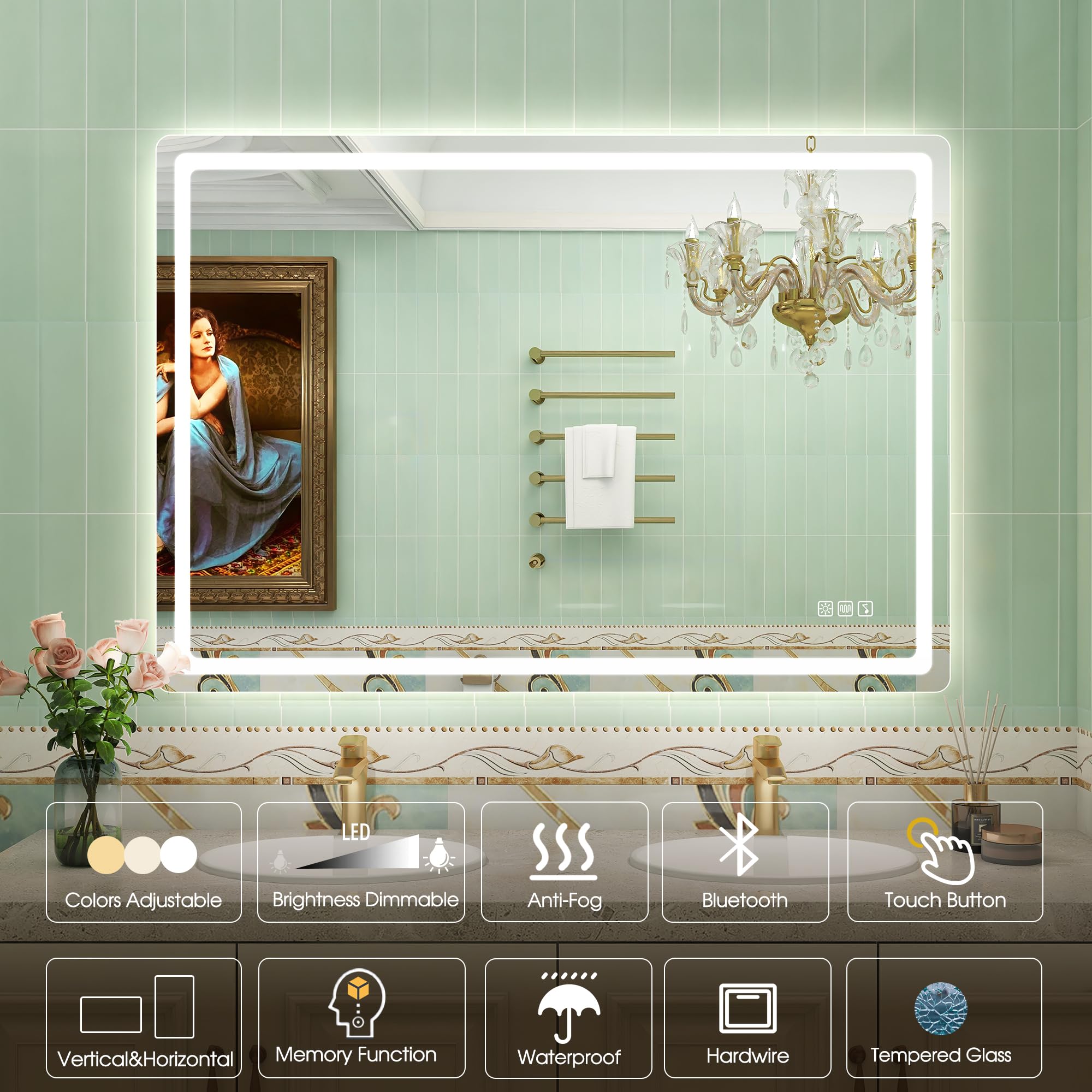 Led-Bathroom-Mirror-With-Lights, 40''X28'' Wall-Mounted With 3 Colors Dimmable Light, Bluetooth Speaker, Anti-Fog, Memory, Tempe