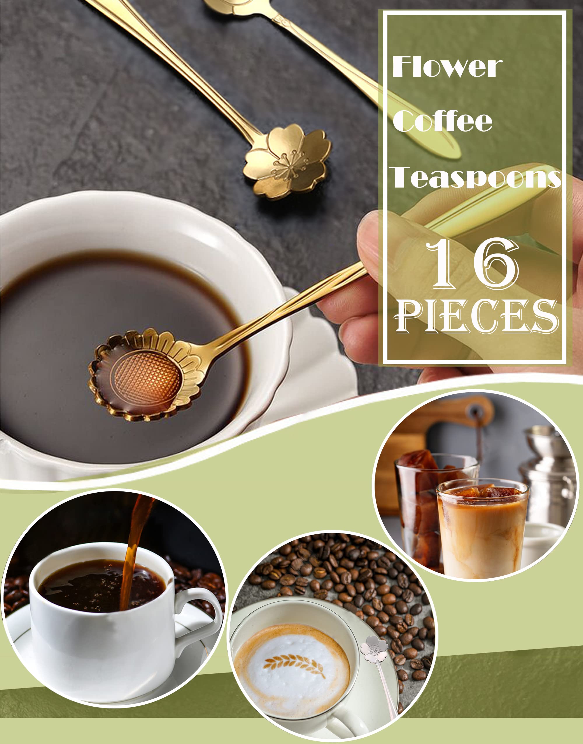 16 Pcs Teaspoon Gold Tea Spoons, Esrise Stainless Steel Coffee Dessert Spoon, Cute Demitasse Spoon For Drink Milkshake (Gold)