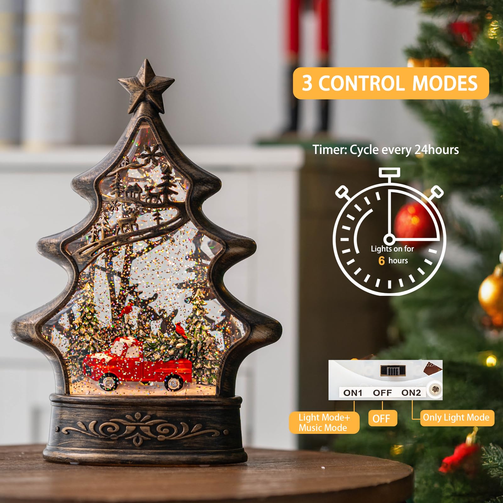 Christmas Snow Globe Lantern Water Glittering Christmas Tree with Red Truck, USB Lined/Battery Operated Lighted Lantern for Chri