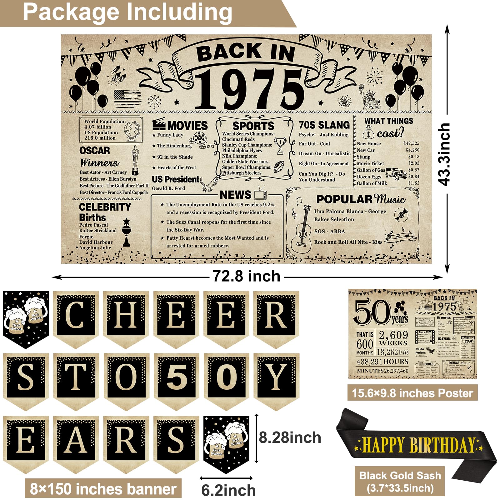 50Th Birthday Decorations For Men Women,24Pcs 1975 Banner Decorations,Including Banner,9 Honeycomb Topper,50 Balloons,Anniversar