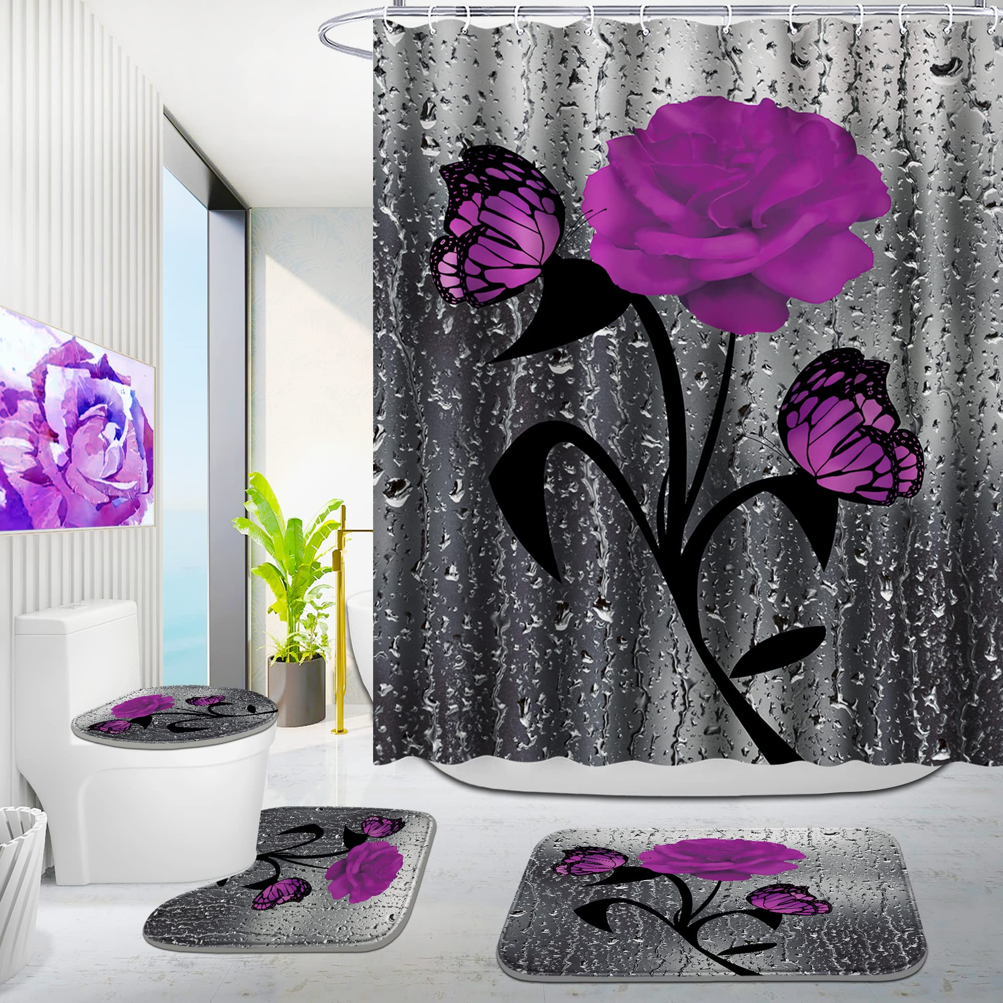 Poedist 4 Pcs Bathroom Shower Curtain Set,Purple Rose Valentine'S Day Shower Curtain Sets With Rugs(Bath Mat,U Shape And Toilet