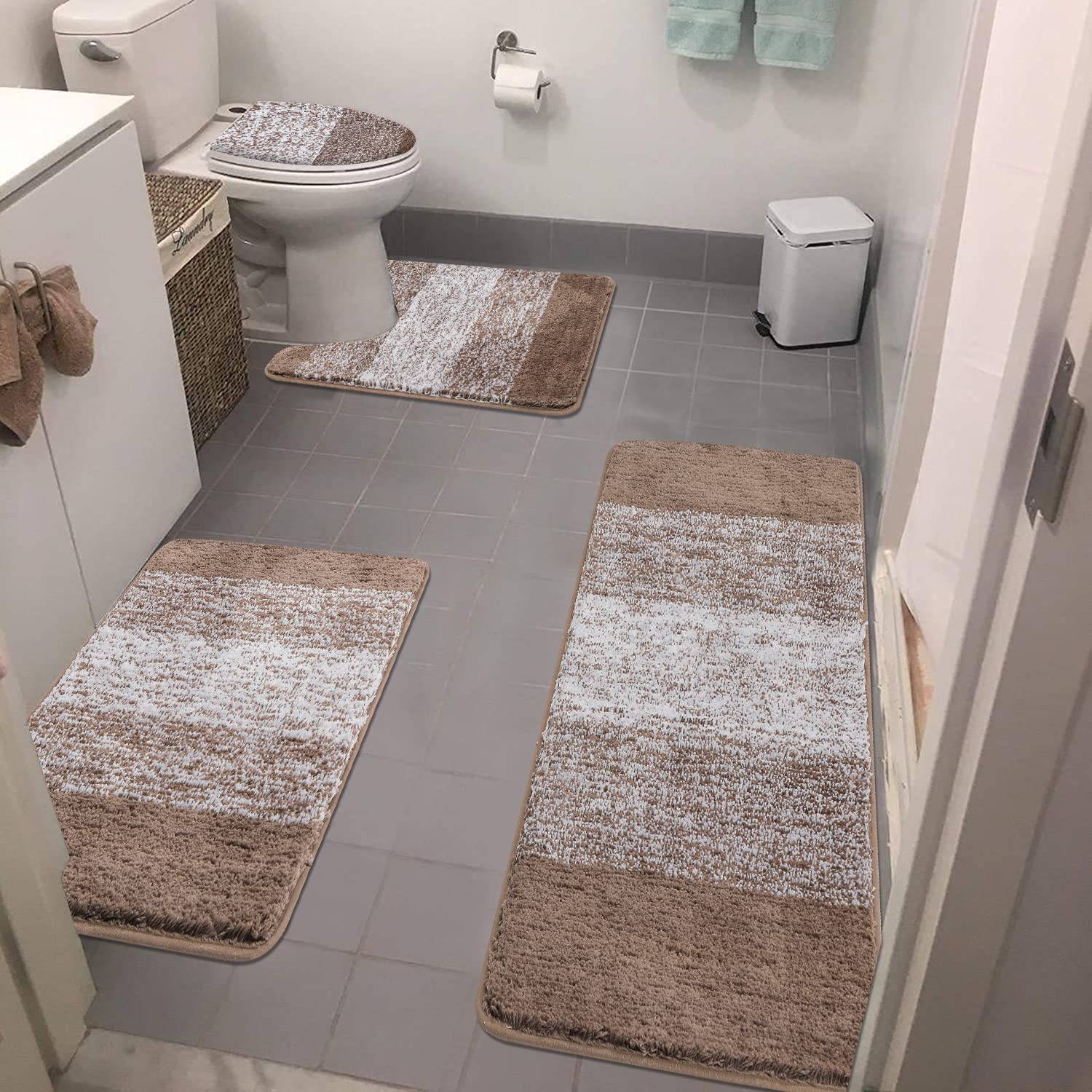 Bathroom Rugs Sets 4 Piece With Toilet Lid Cover, Non-Slip Absorbentb Rugs And Mats For Bathroom Microfiber Shaggy Machine Washa