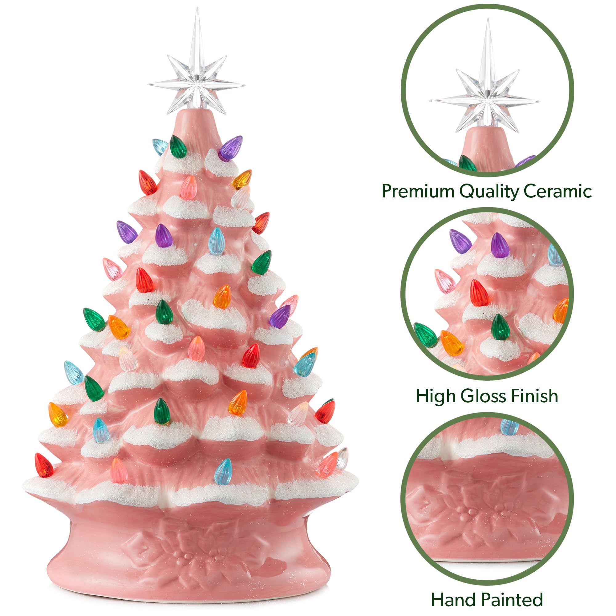 Casafield Hand Painted Ceramic Christmas Tree, Pink Snow Flocked 15-Inch Pre-Lit Tree with 128 Multi Color Lights and 2 Star Top