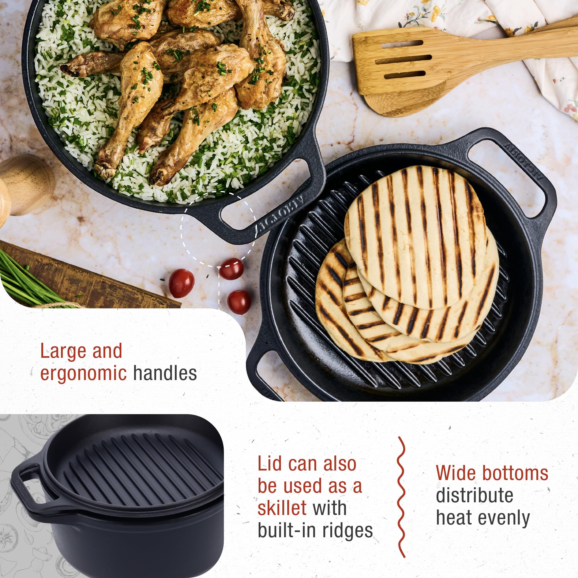 Victoria 6-Quart Cast Iron Combo Cooker Set - Dutch Oven & Skillet, Black, Model DUT-300, Made in Colombia, 2-Piece