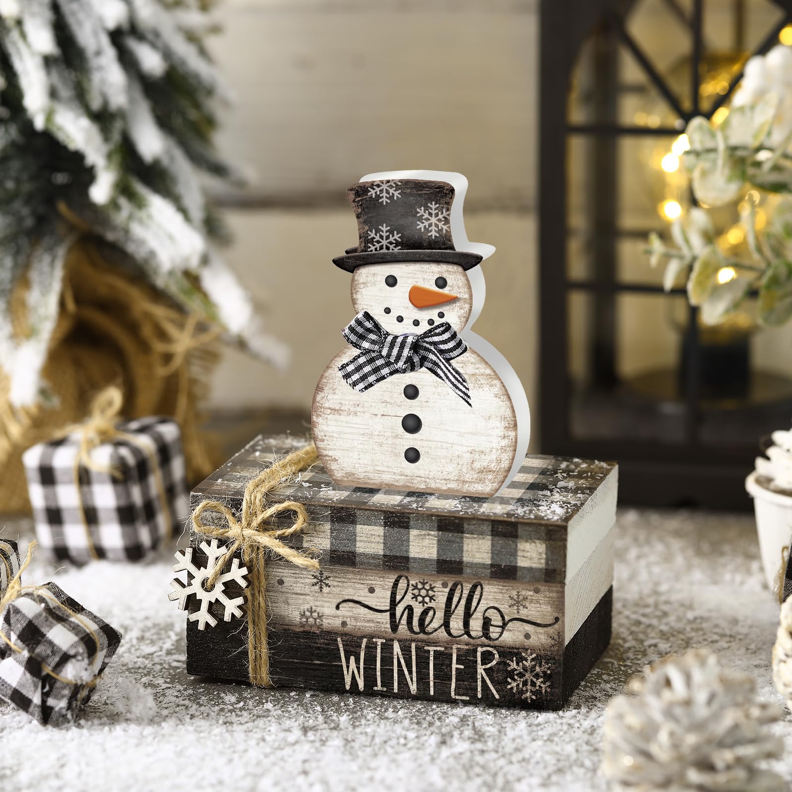 Anglechic 4 Pcs Snowman Christmas Decor Winter Table Decorations Christmas Tiered Tray Decor Winter Centerpiece Indoor Rustic Wo