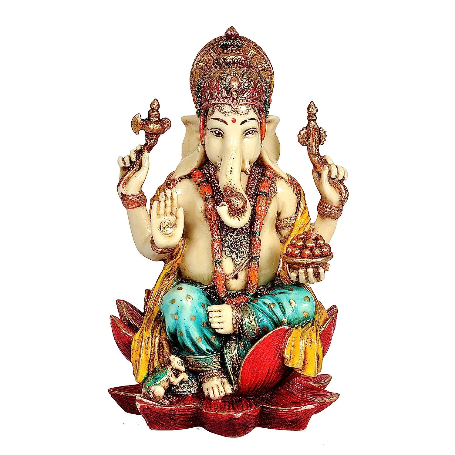 Aona Polyresin Ganesha Statue Idol Murti On Lotus For Temple Home Decor | Height : 7 Inches (Orange)