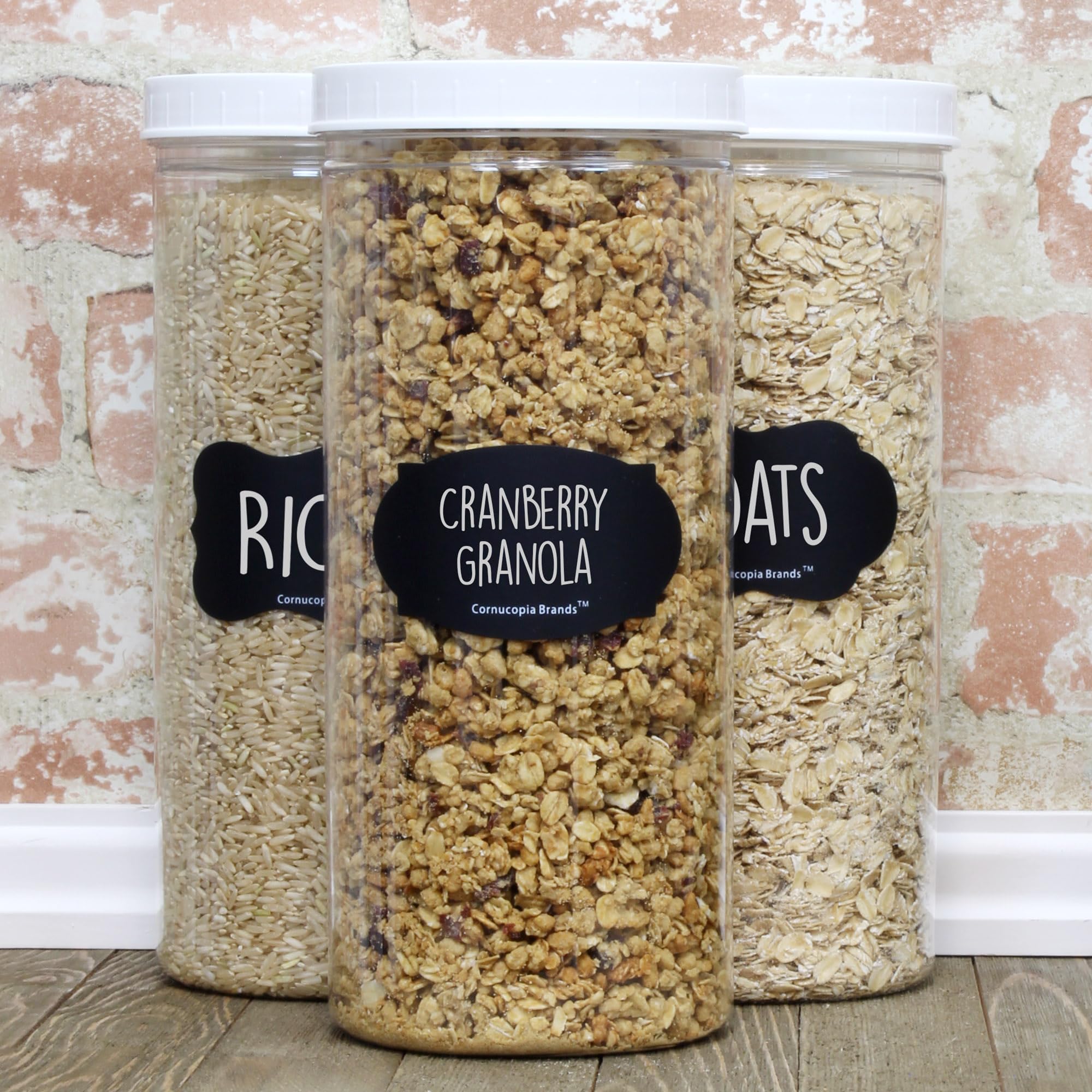 Cornucopia Tall Clear Plastic Canisters w Lids and Labels (3-Pack  2.5 quart / 10 cup capacity); 10in High BPA-free PET 80oz Jars for Food & Home Storage