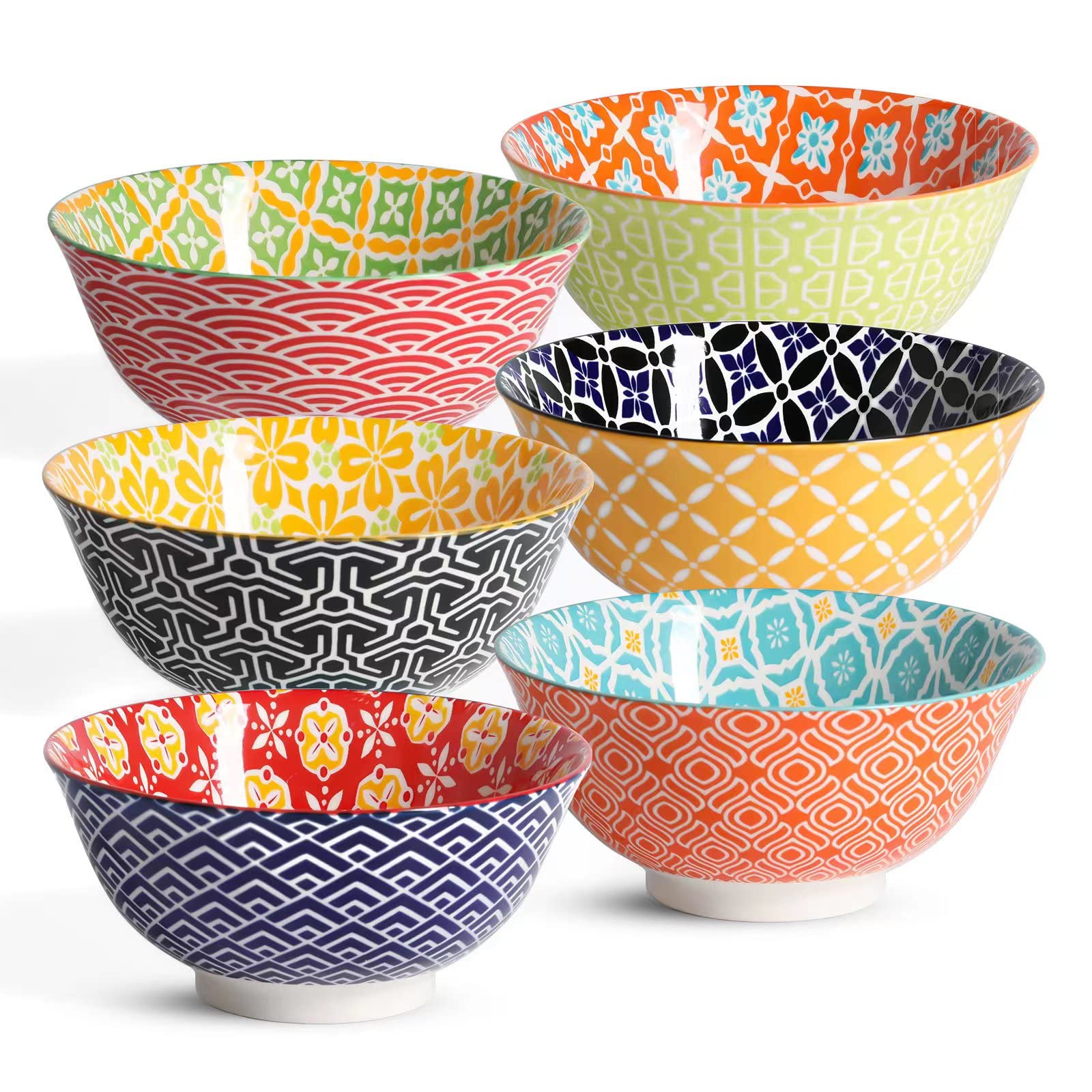 Metahom Ceramic Cereal Bowls, 23 Oz Colorful Soup Bowls, Deep Porcelain Bowl Set For Salad, Dessert, Pasta, Ice Cream,Set Of 6