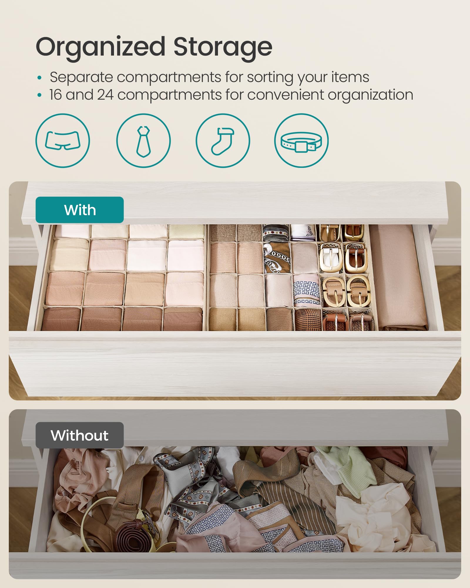 SONGMICS Set of 4 Drawer Organizers, Closet Organizers for Underwear, 80 Cells, Foldable Sock Holders, 11.8 x 11.8 x 3.9 Inches,