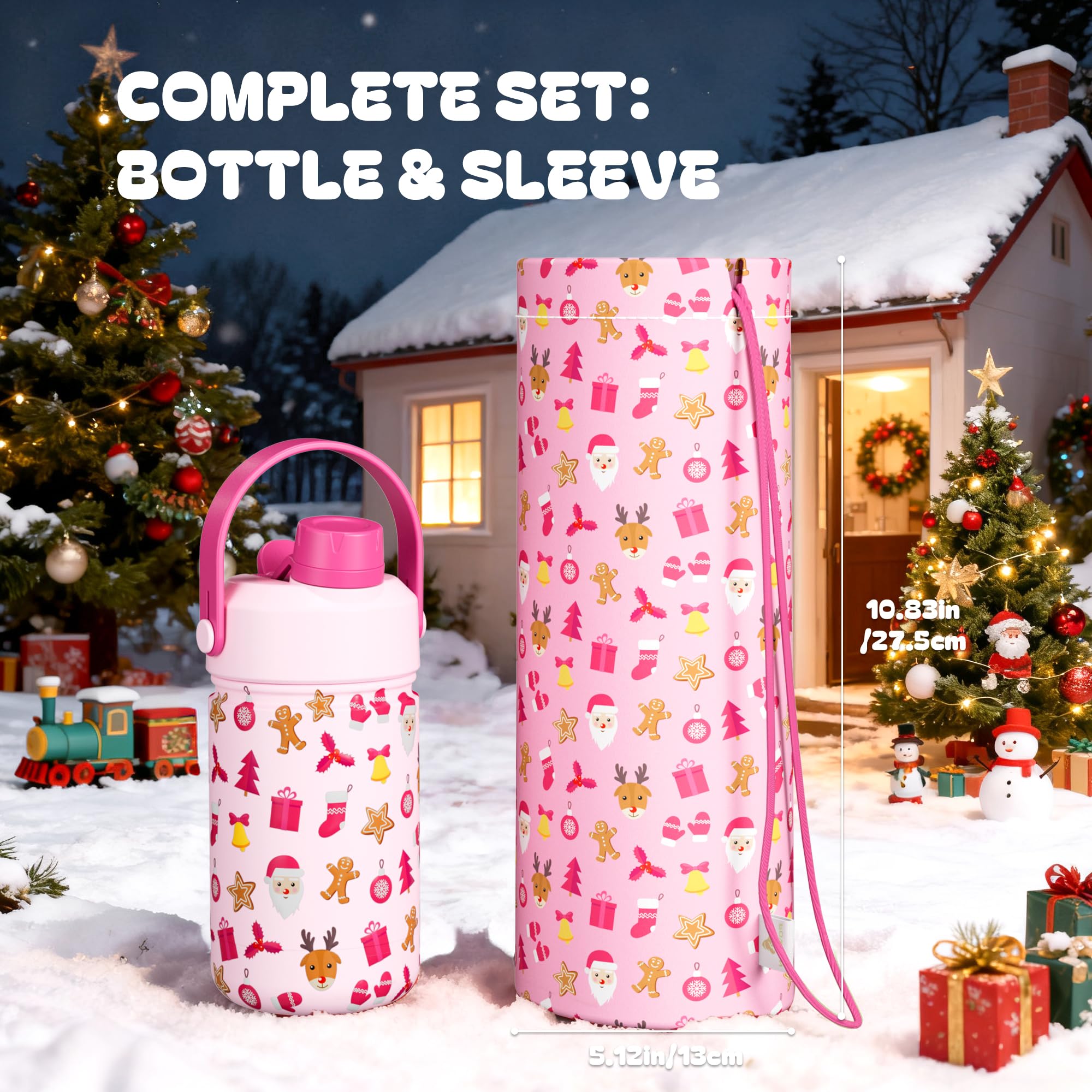 12 oz Christmas Kids Insulated Water Bottle: 2-in-1 Straw Spout Lid, Leakproof, BPA-Free, Stainless Steel Cup with Carrier Bag f