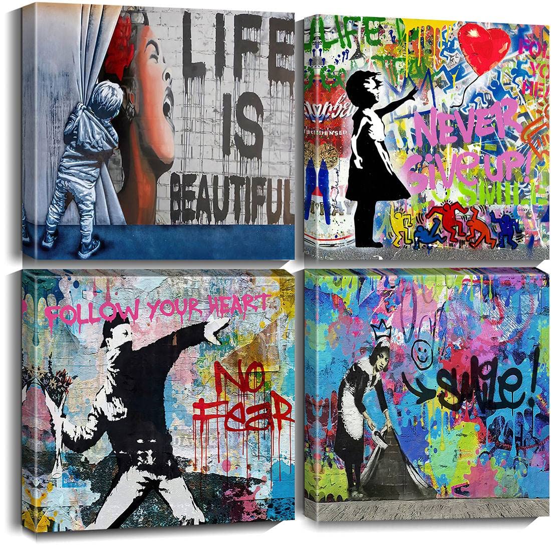 Biufo Banksy Canvas Wall Art Prints Pop Street Art Picture Paintings For Living Room Bedroom Wall Decor (16''X16''X4Pcs)