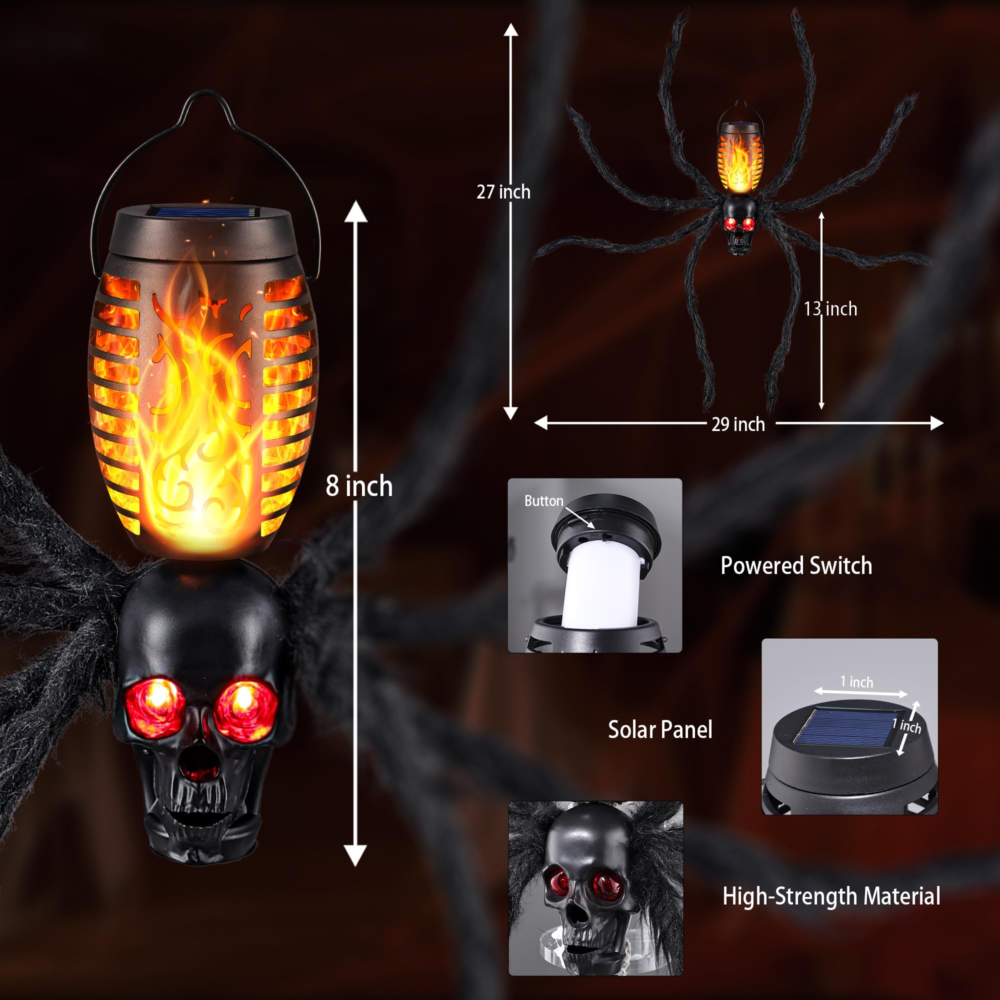 Halloween Skull Flame Light with 8 Spider Tentacles - Solar Powered Outdoor Lighting Decoration for Halloween Parties, Gardens,