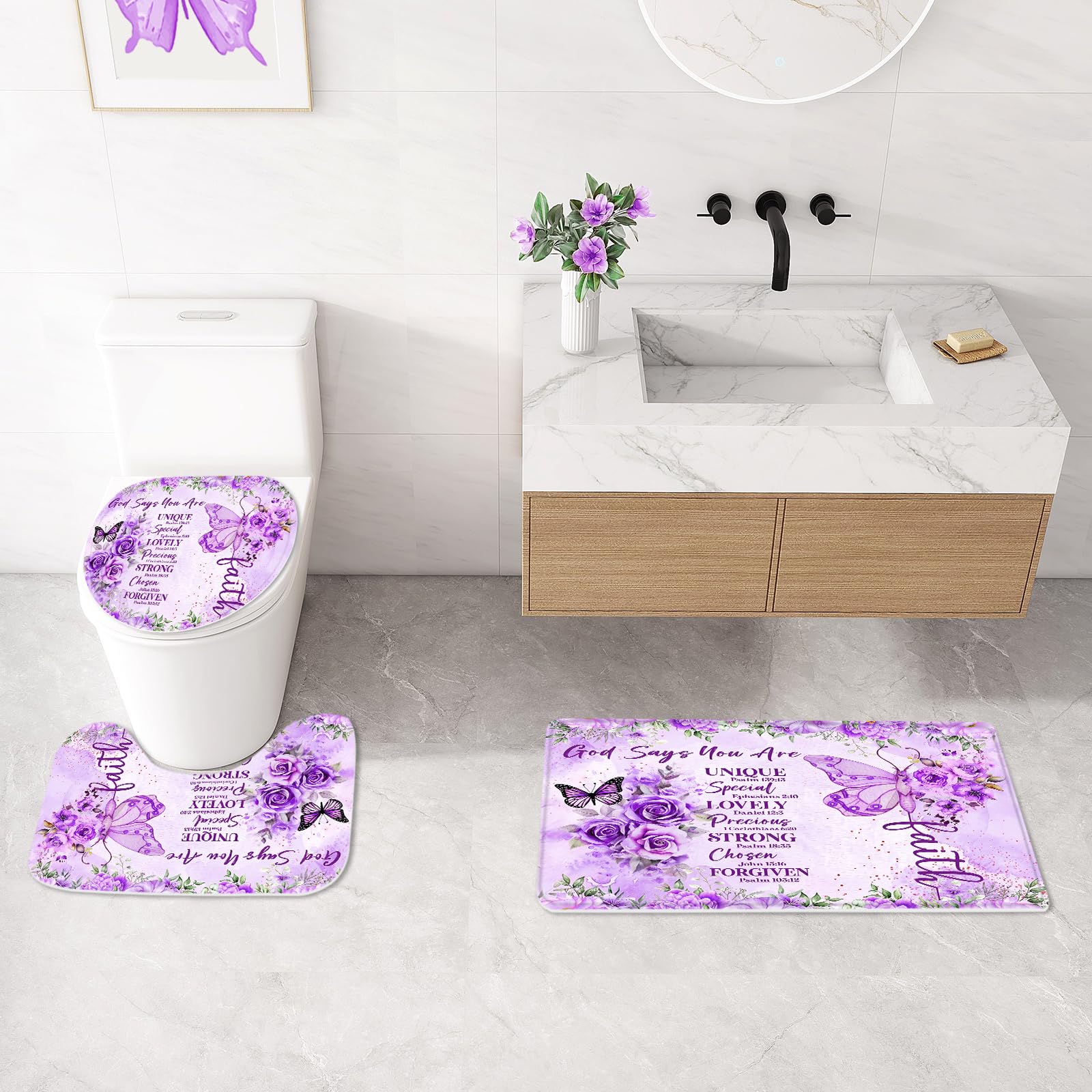 Litabel 4 Pcs Purple Butterfly Inspirational Quotes Shower Curtain Set With Rugs And Toilet Lid Cover, Colorful Boho Waterproof