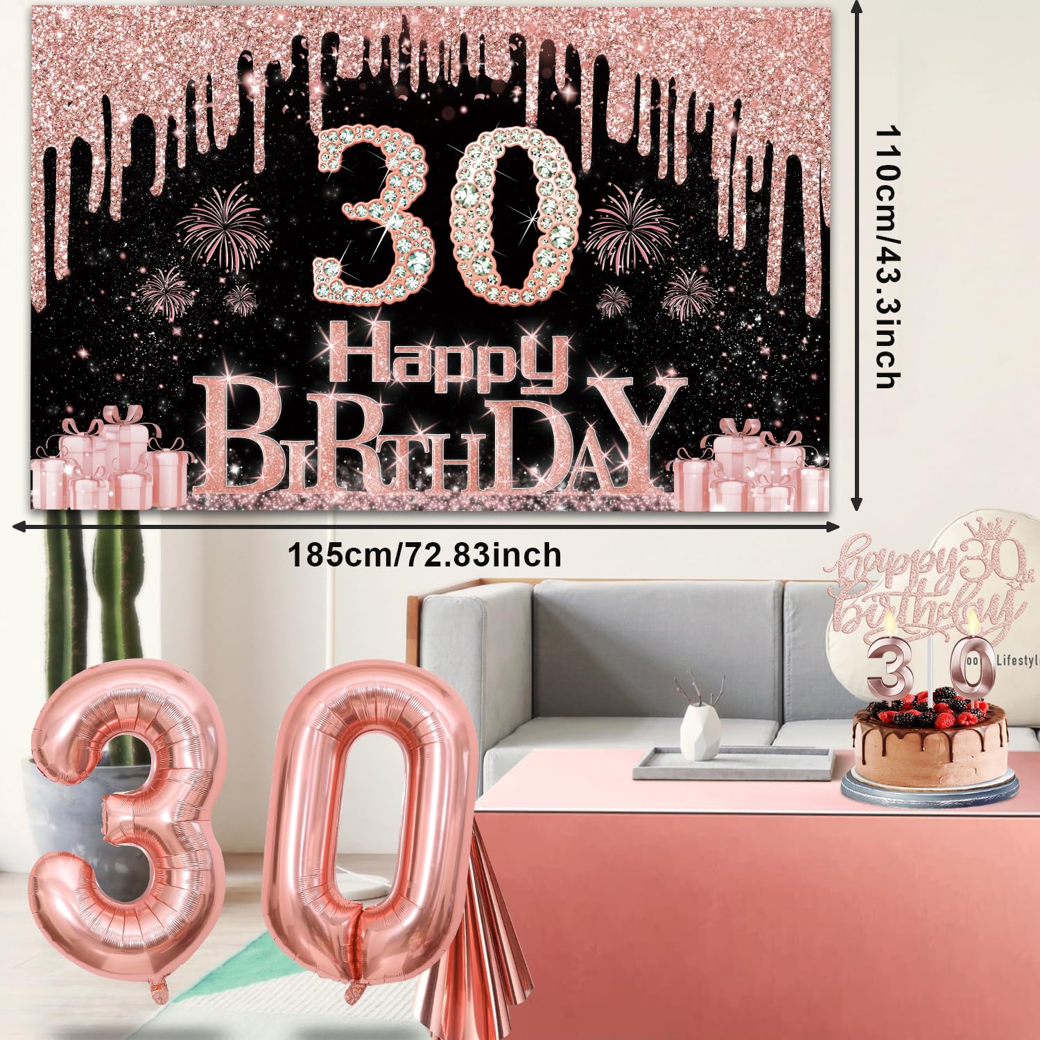 30Th Birthday Decorations For Her With Banner, Rose Gold Tablecloth, Number Balloons, 30Th Birthday Sash And Tiara, Cake Topper