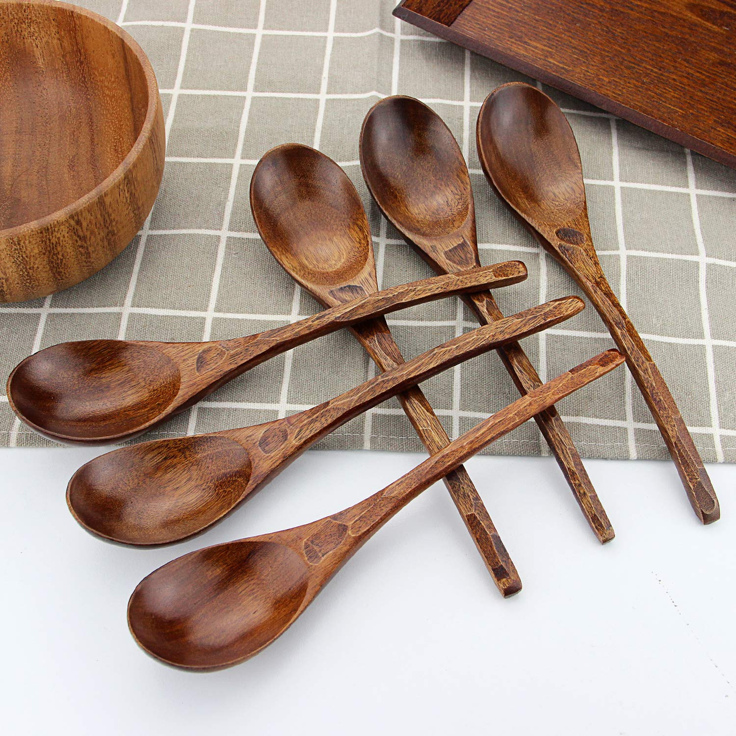 Soup Spoons,Aoosy Wooden Soup Spoons, 6 Pieces 7.84 Inches Japanese Ramen Spoons Round Nanmu Wood Long Handle Rice Dessert Cooki