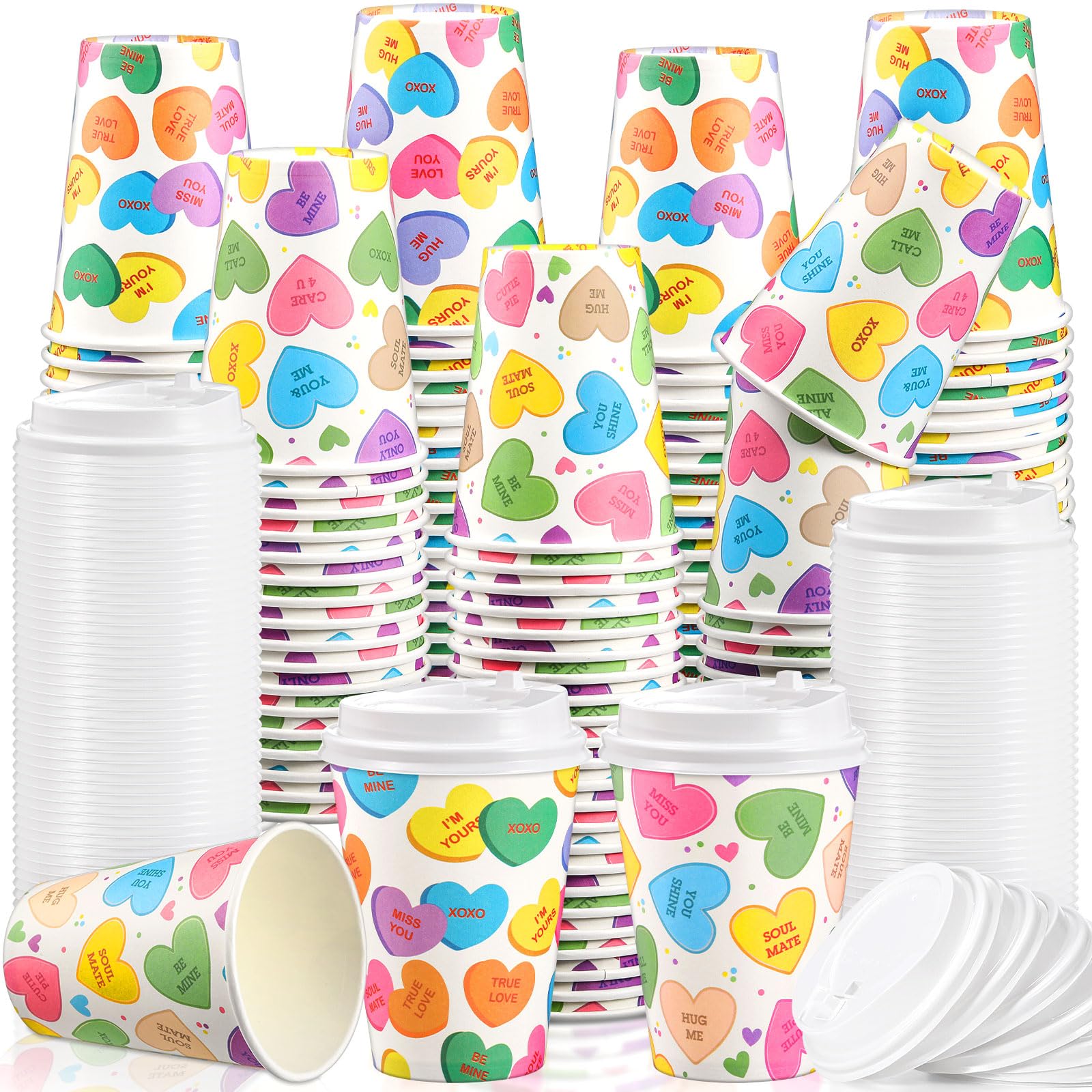 Jingmore 80 Set 12 Oz Valentine'S Day Disposable Coffee Cups With Lids Bulk Love Conversation Heart Paper Cup For Valentines Hot
