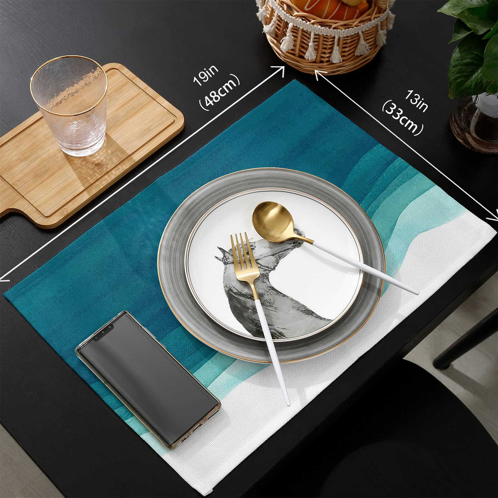 Teal Gradient Table Runner 70 Inch And Place Mats Set Of 6 Watercolor Teal White Gradient Cotton Linen Table Mats Set, Heat Insu