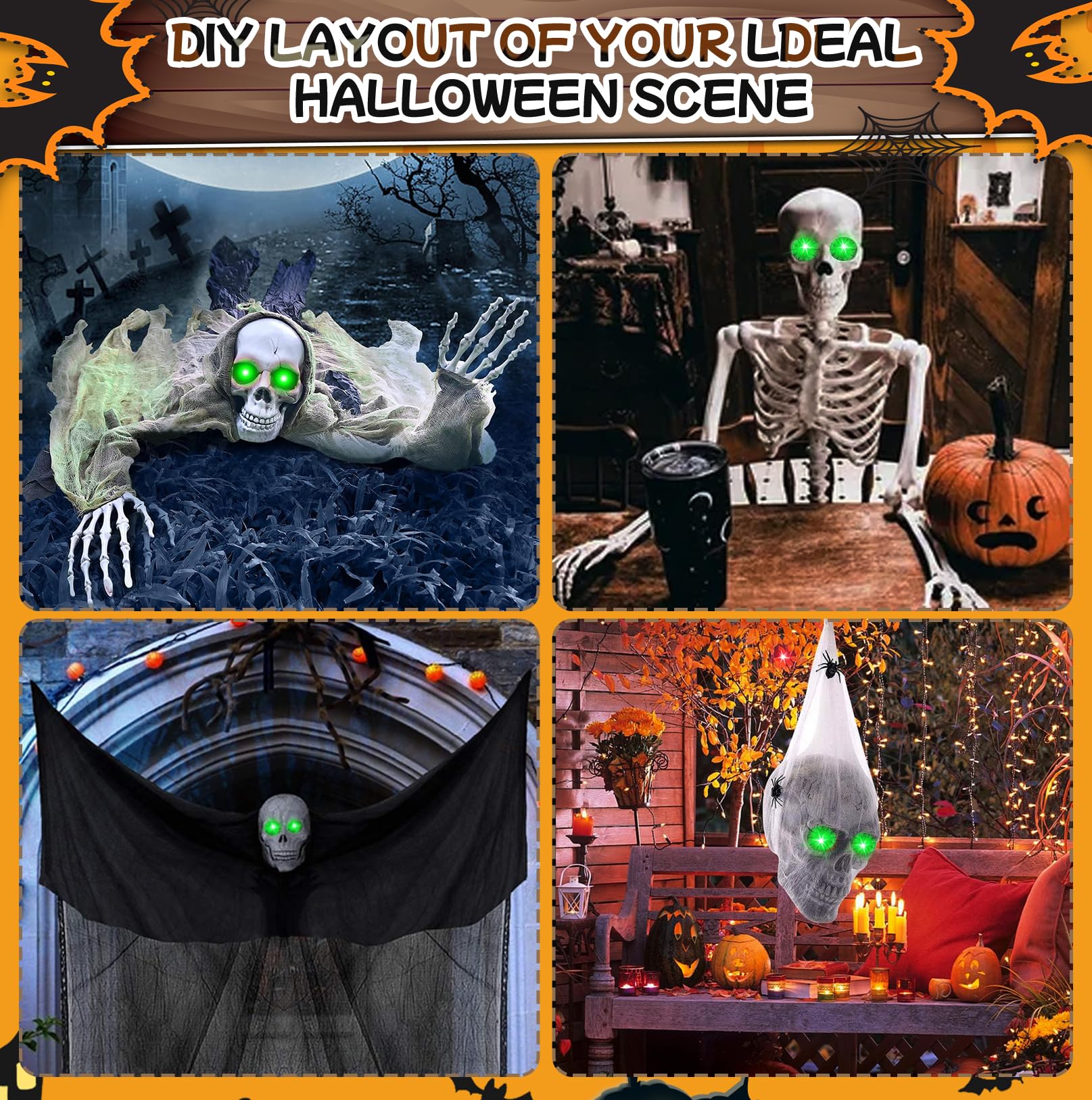 4 Pack Halloween Decoration LED Glowing Light Up Skulls Eyes, Horror DIY Glowing Eyes Lights Battery Operated for Halloween Deco