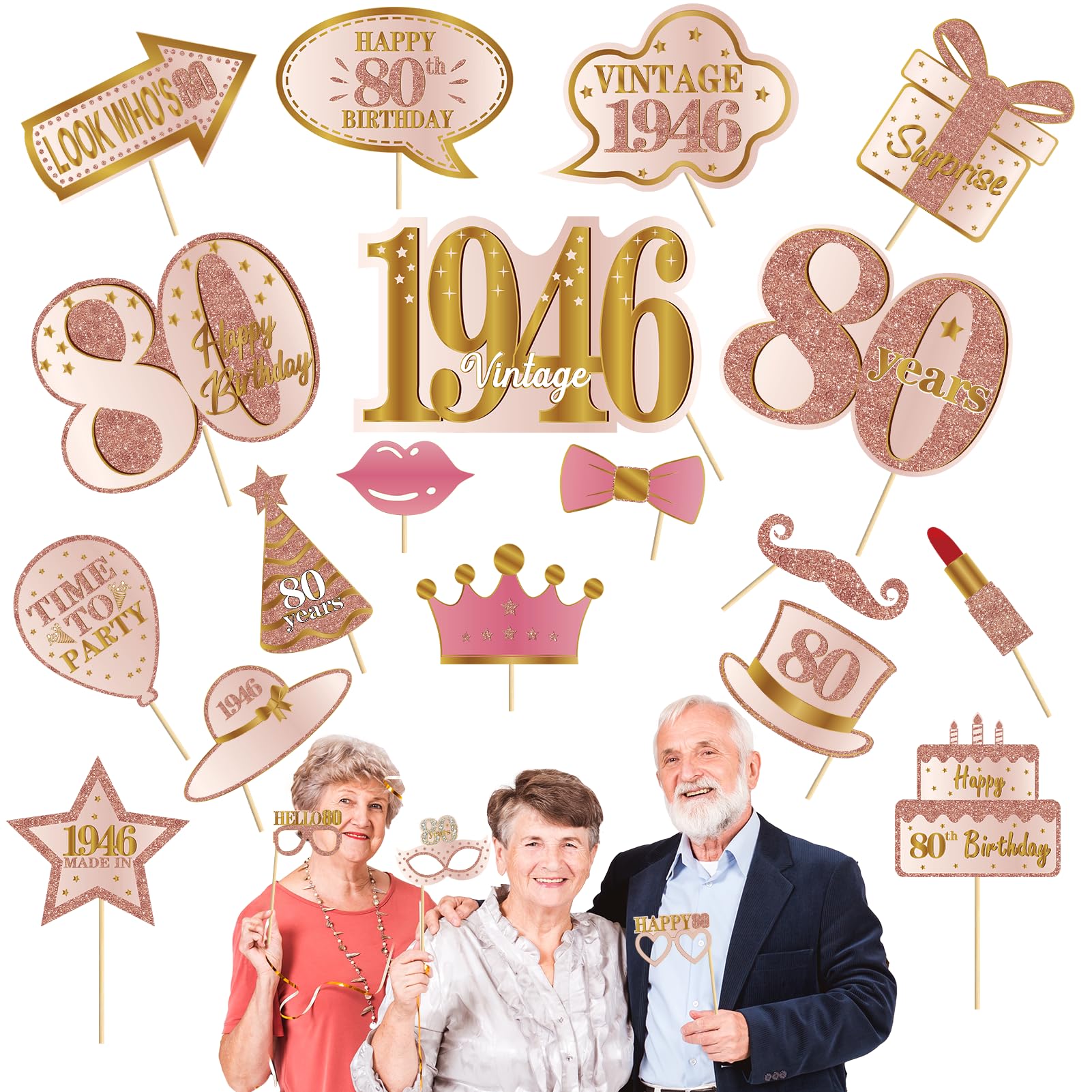 Kuxriox 30Pcs 80th Birthday Photo Booth Props for Women, Pink Rose Gold Vintage 1944 80 Birthday Selfie Props Kit with Sticks Pa