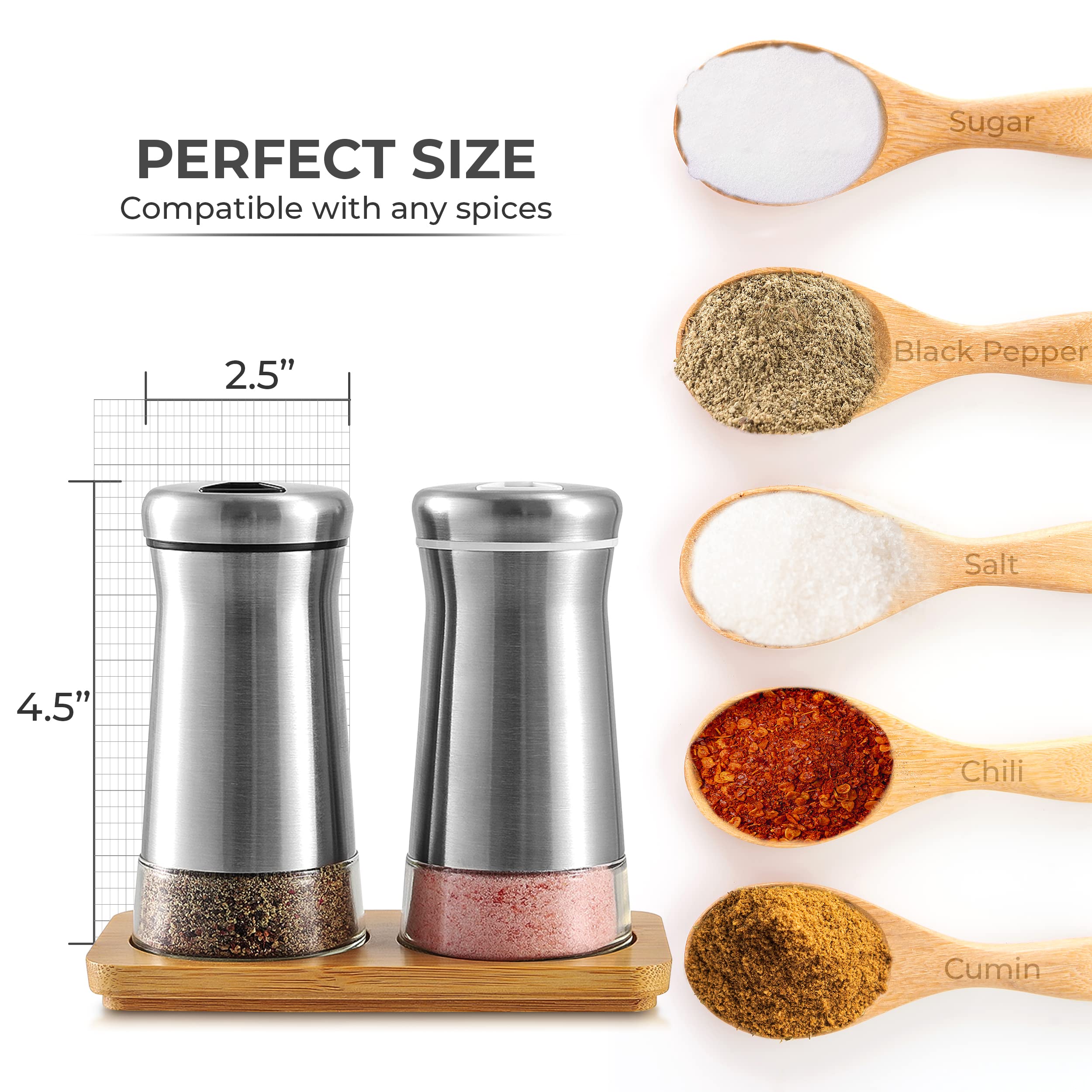 Salt And Pepper Shakers Set With Adjustable Pour Holes - Elegant Stainless Steel Spice Dispenser - Perfect For Himalayan, Table