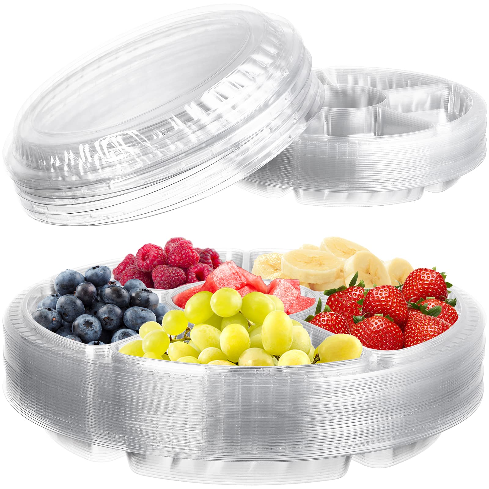 Lawei 30 Pack Plastic Appetizer Tray With Clear Lid, Stackable Round Serving Party Tray, 12 In Banquet Catering Fruit Vegetable