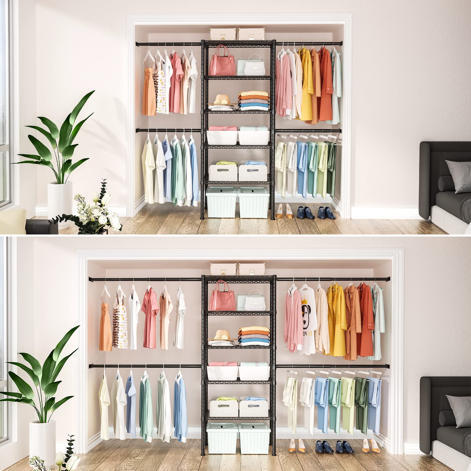 Ulif M2 Closet Organizer System, 5.9 Feet Height Mounted To The Wall Garment Rack With 4 Expandable Hanger Rods, 5 Shelves In 23