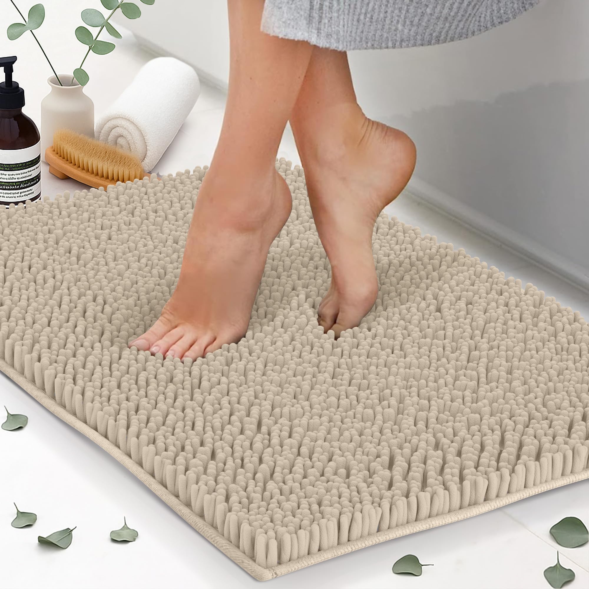 ITSOFT Extra Large Plush Microfiber Non Slip Soft Bathroom Rug  Absorbent Machine Washable Chenille Bath Mat | Quick Dry Shag Carpet  Great for Bath  Shower  Bedroom  or Door Mat (Beige  34x21)