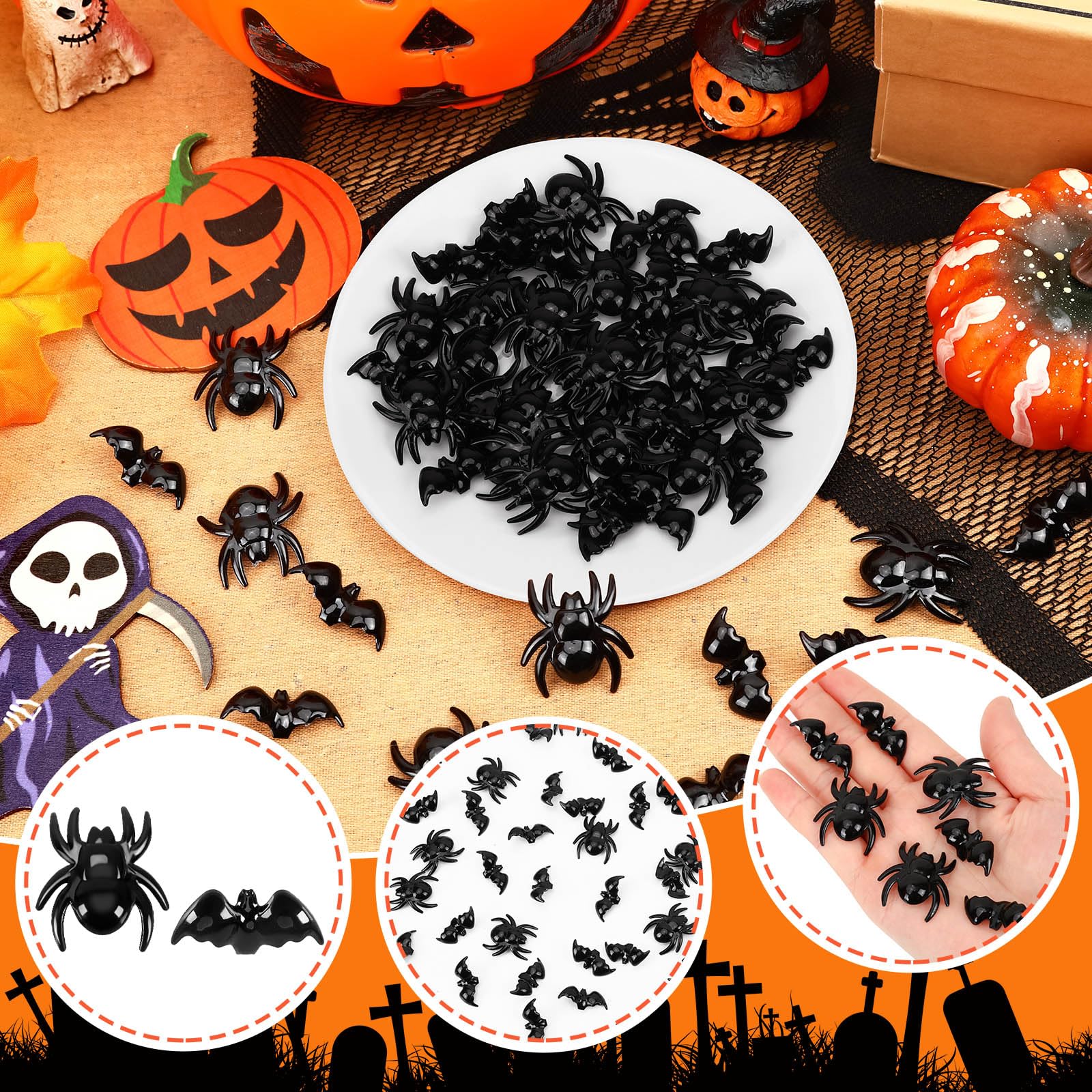 BOARDFEB 240Pcs Black Bats Spiders Acrylic Ornaments, Mini 3D Bat Spider Halloween Vase Filler Table Scatters for Scrapbooking D