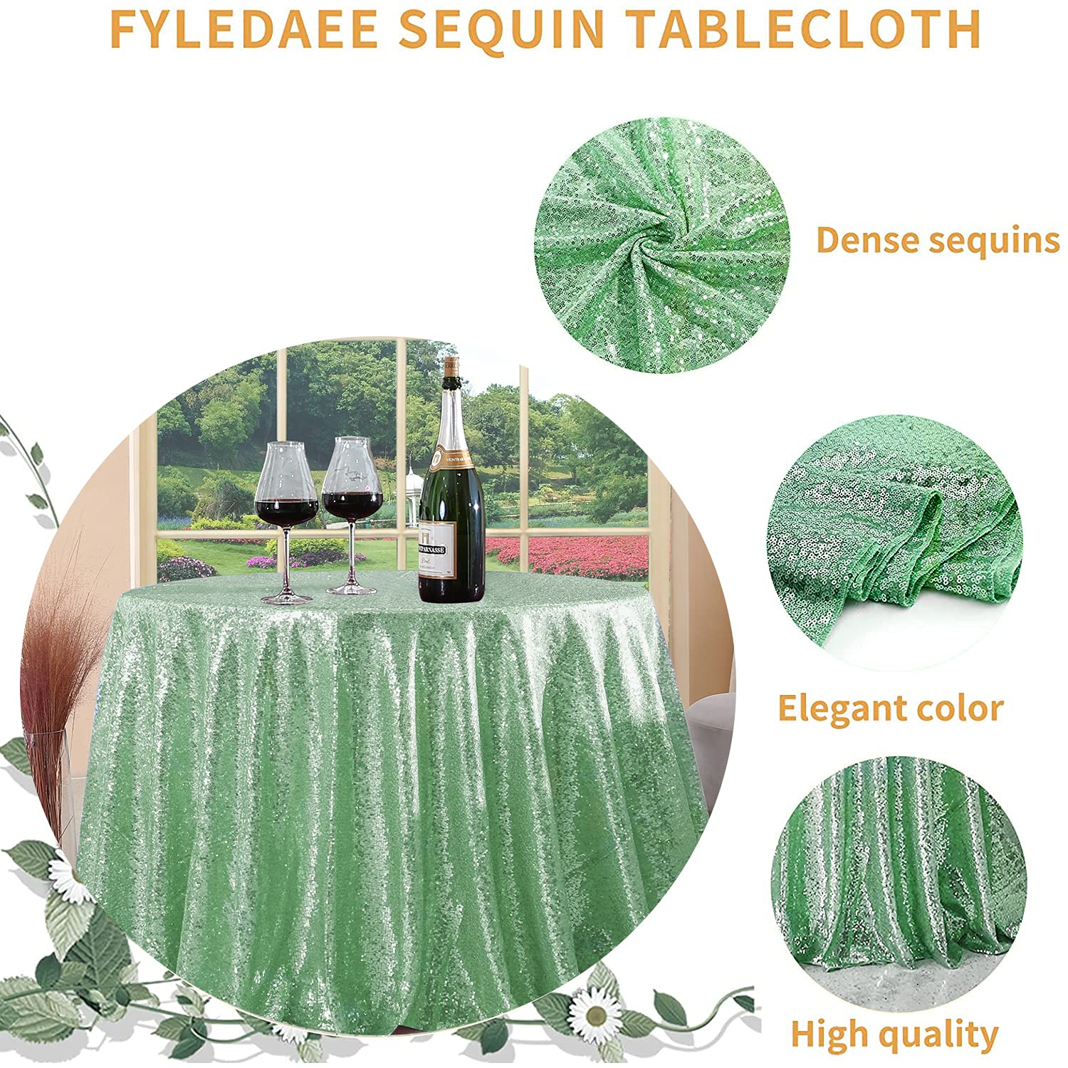 FYLEDAEE Light Green Sequin Tablecloth Mint Green 108 inch Round Glitter Shimmer Table Cover for Wedding Baby Shower Birthday Party Dinners Sparkly Christmas Tablecloth
