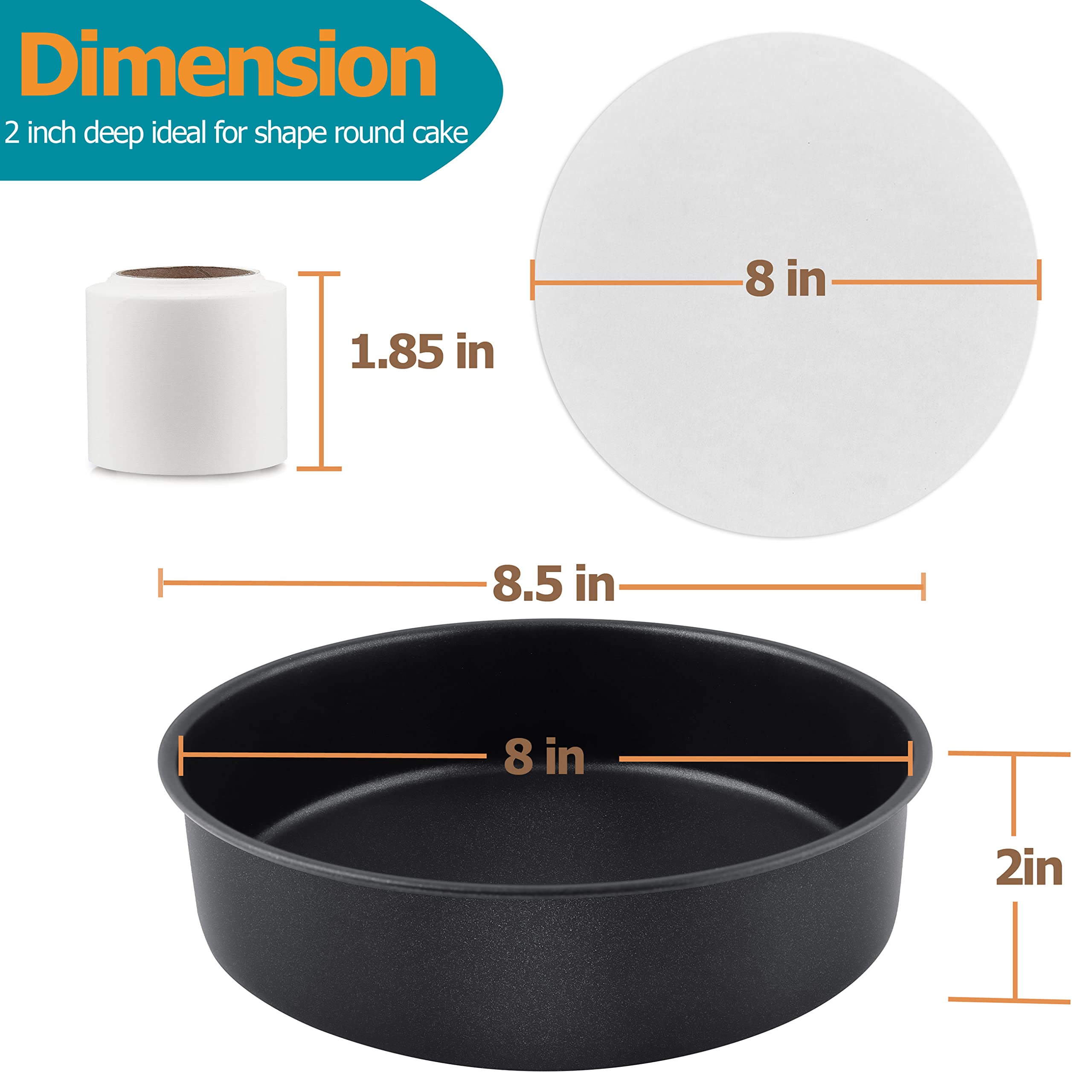 Lianyu 8 X 2 Inch Round Stainless Steel Cake Pan Set Of 3, Black, Nonstick, Dishwasher Safe