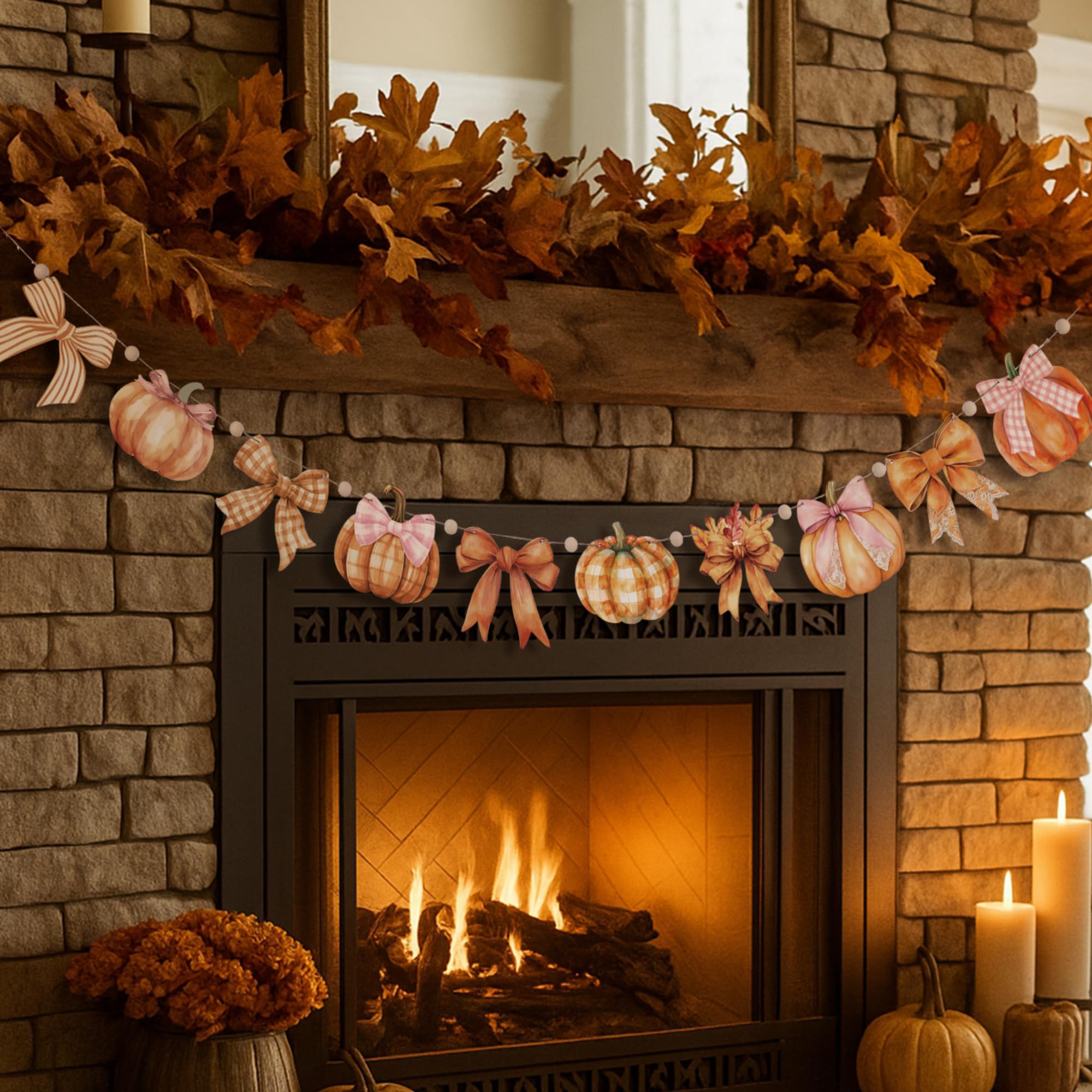 Cinnvoice 8.2 ft Fall Decoration Wooden Plaid Pumpkin Garland Bow Pumpkin Banner Thanksgiving Fall Banner Rustic Farmhouse Wood 