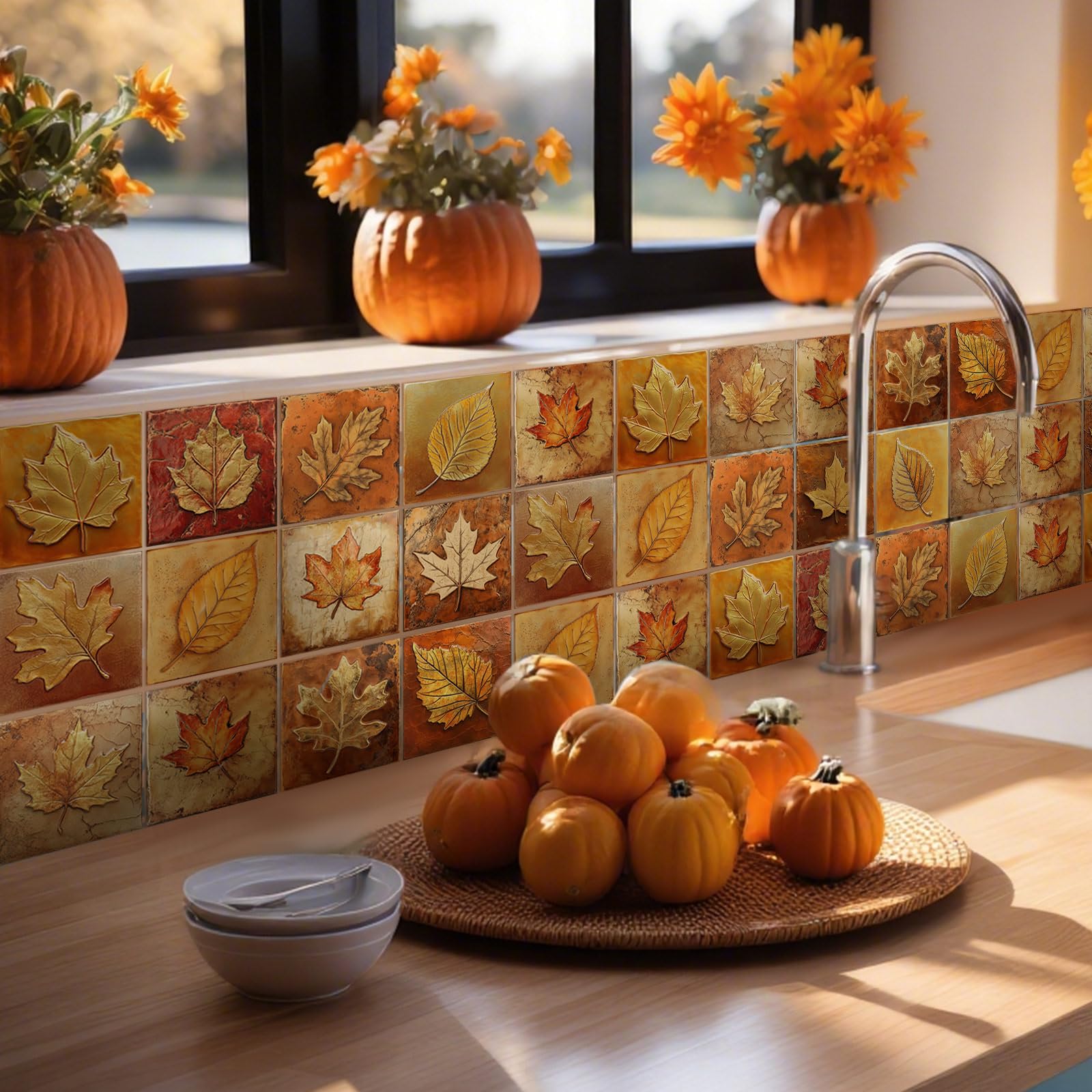 Faccito 24 Pcs Fall Tile Stickers 4X4 Inch Watercolor Thanksgiving Maple Leaves Peel And Stick Removable Self Adhesive Pvc Water