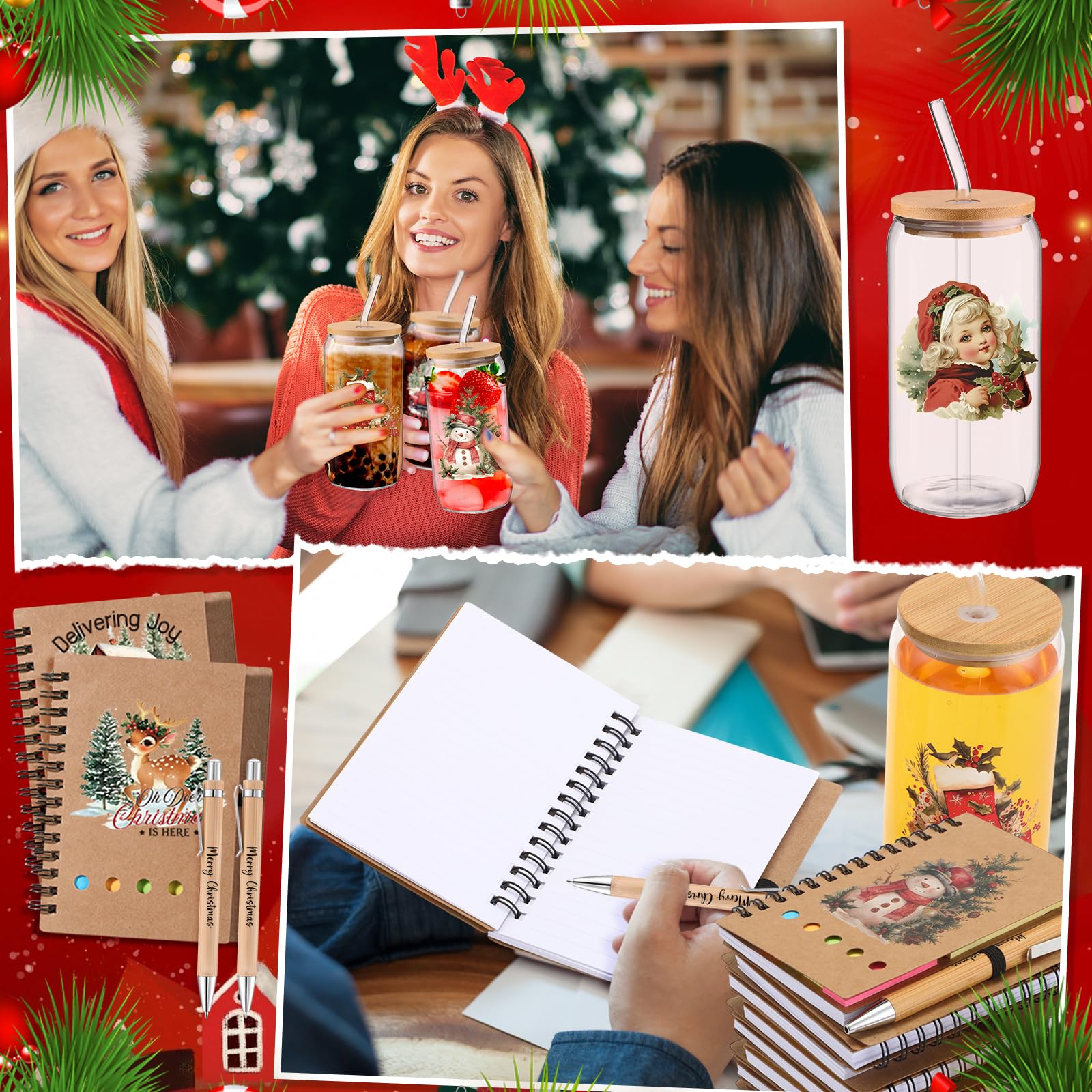 Skylety 12 Set Christmas Gifts Bulk 16 oz Santa Glass Cups with Lids Straws Xmas Notebook Sticky Note Pens for Women Students Sc