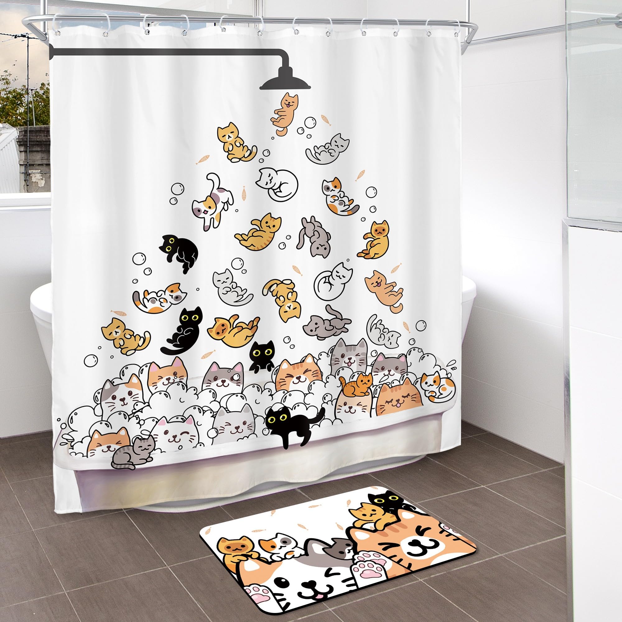 Svbright Small Stall Cute Cat Shower Curtain 36Wx72L Inch For Kids Rv Half Single Narrow Cute Cartoon Animal Funny Raining Anima