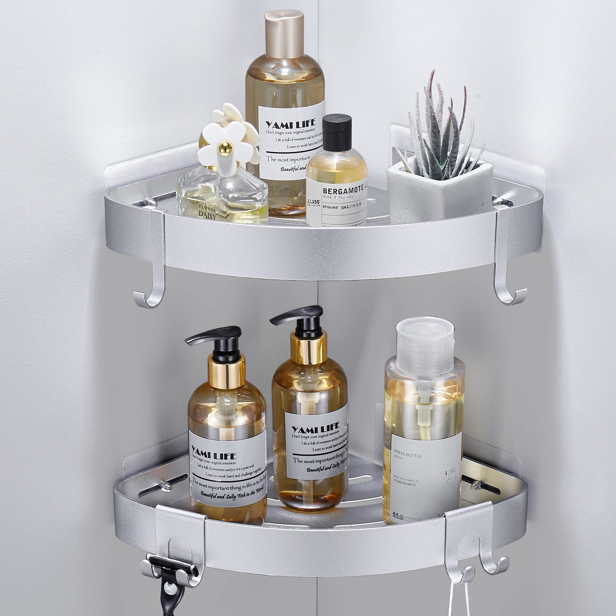 Dufu Adhesive Corner Shower Caddy With Hooks,Bathroom Shower Organizer, No Drilling Rust Proof Aluminum Shower Shelf For Inside